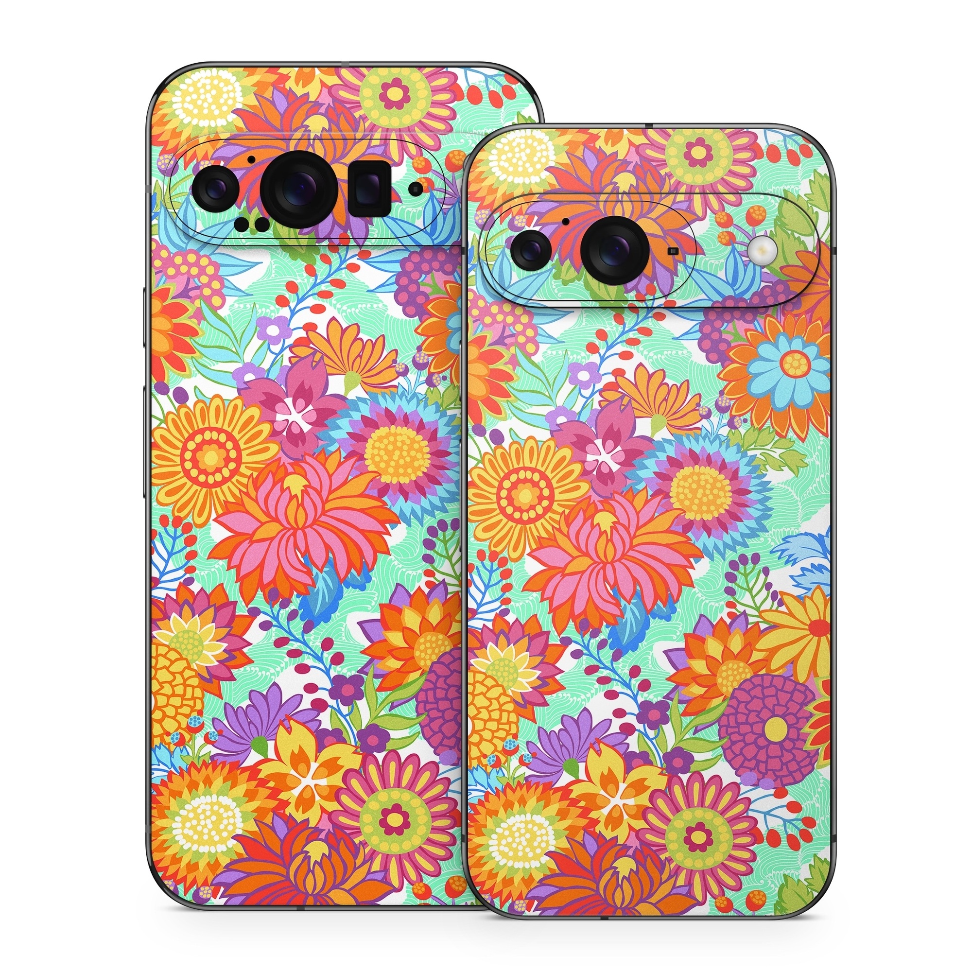 Google Pixel 9 Series Skin design of Pattern, Floral design, Orange, Flower, Design, Textile, Plant, Wildflower, Wrapping paper, Visual arts, with gray, orange, green, purple colors