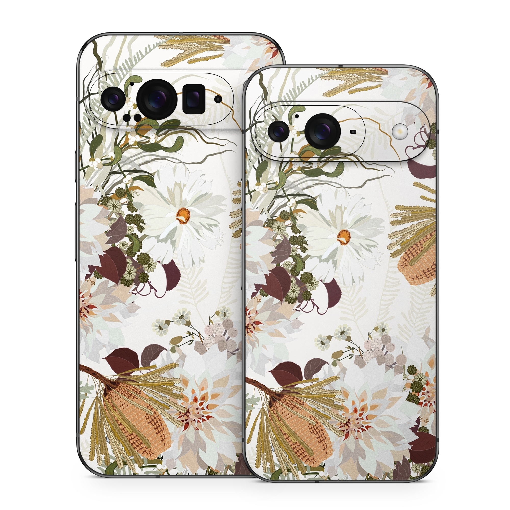 Google Pixel 9 Series Skin design of Flower, Botany, Plant, Floral design, Wildflower, Pattern, Wallpaper, Textile, Petal, Butterfly, with white, brown, green, gray colors