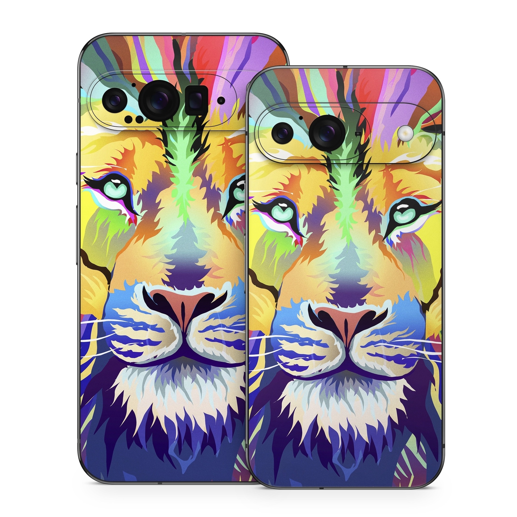Google Pixel 9 Series Skin design of Bengal tiger, Felidae, Lion, Wildlife, Big cats, Tiger, Carnivore, Art, Illustration, Painting, with orange, yellow, green, red, pink, blue, purple colors