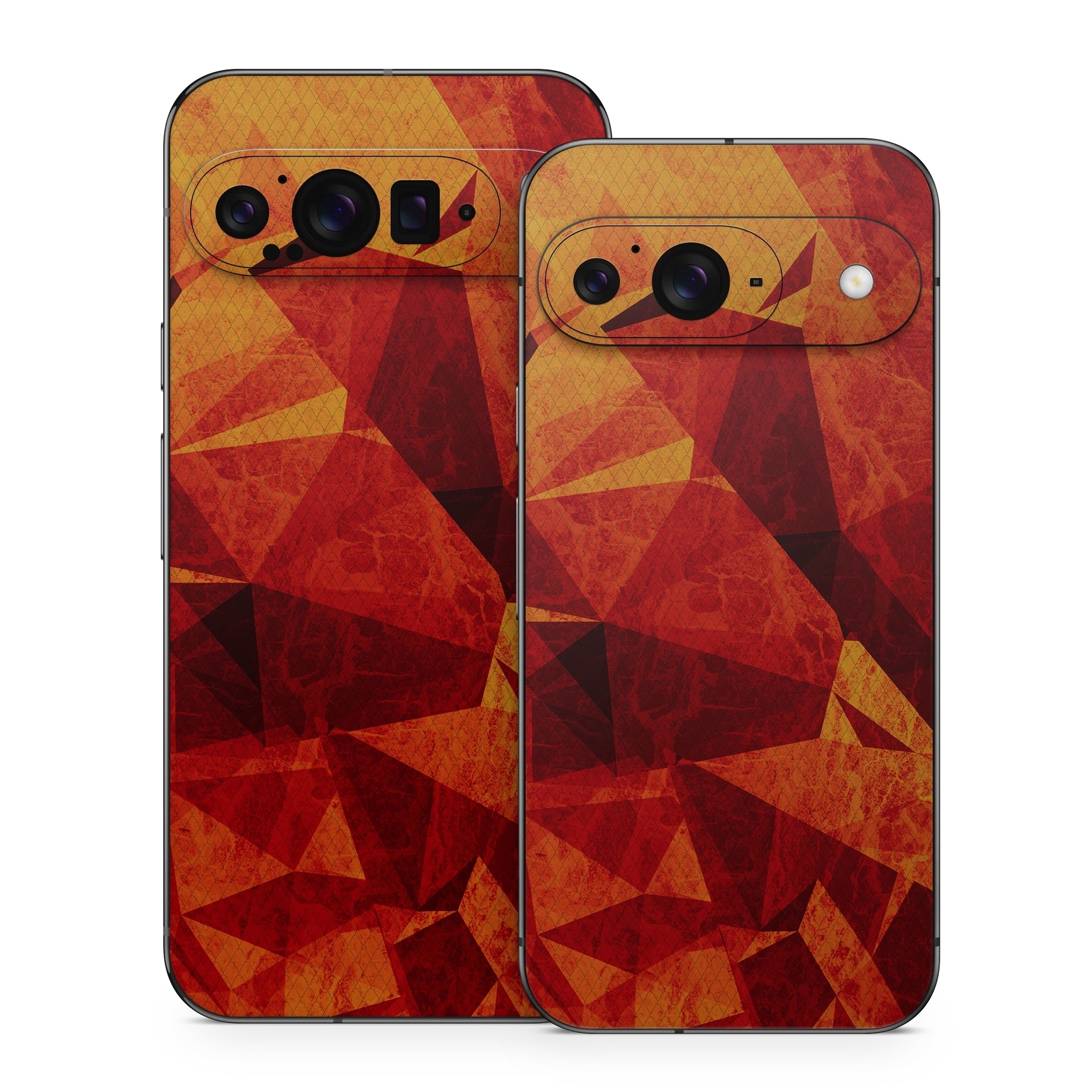 Google Pixel 9 Series Skin design of Orange, Red, Yellow, Triangle, Pattern, Amber, Design, Art, Visual arts, Modern art, with black, orange, yellow colors