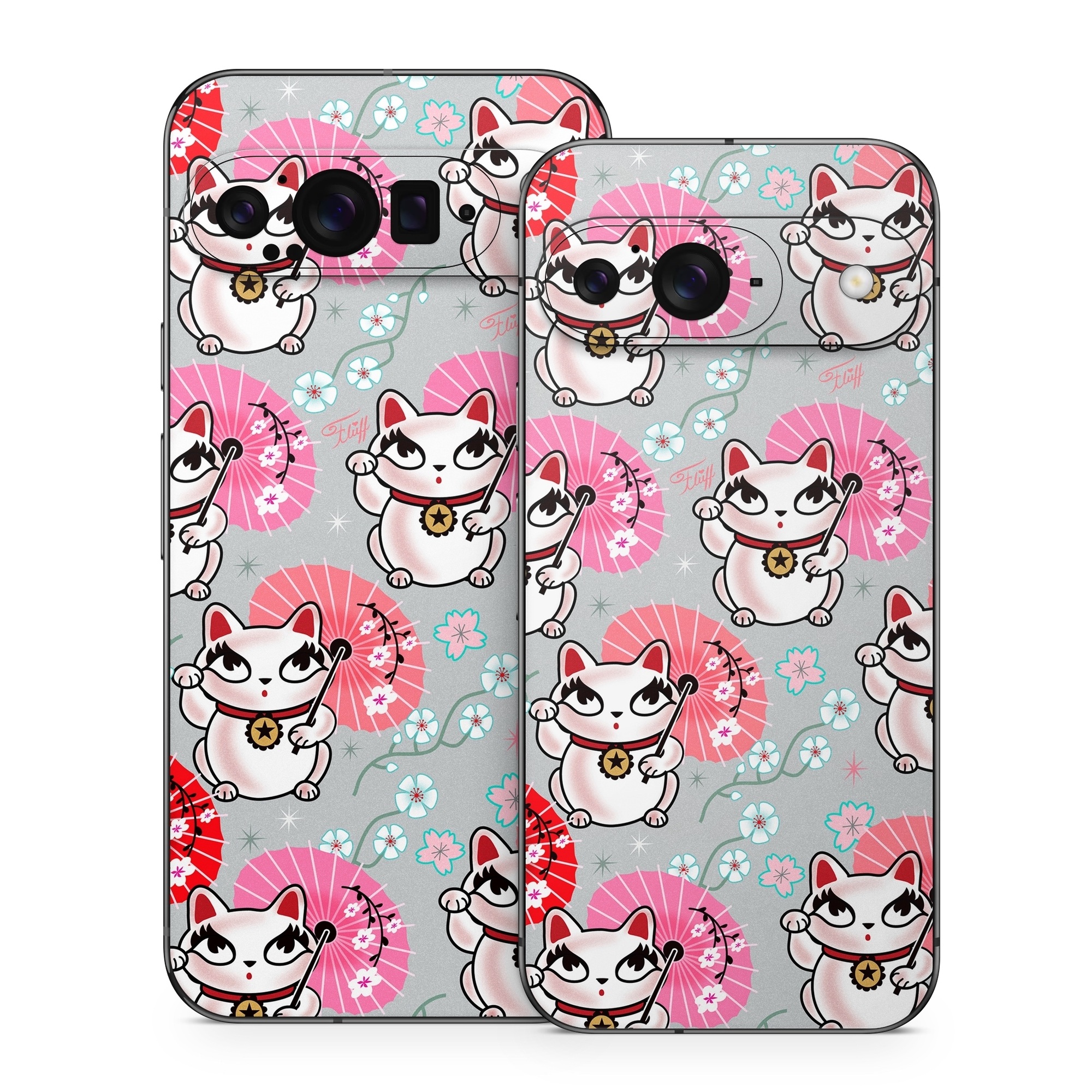 Google Pixel 9 Series Skin design of Pink, Red, Cartoon, Design, Line, Textile, Pattern, Illustration, Smile, Fictional character, with white, red, pink, gray, blue, black colors
