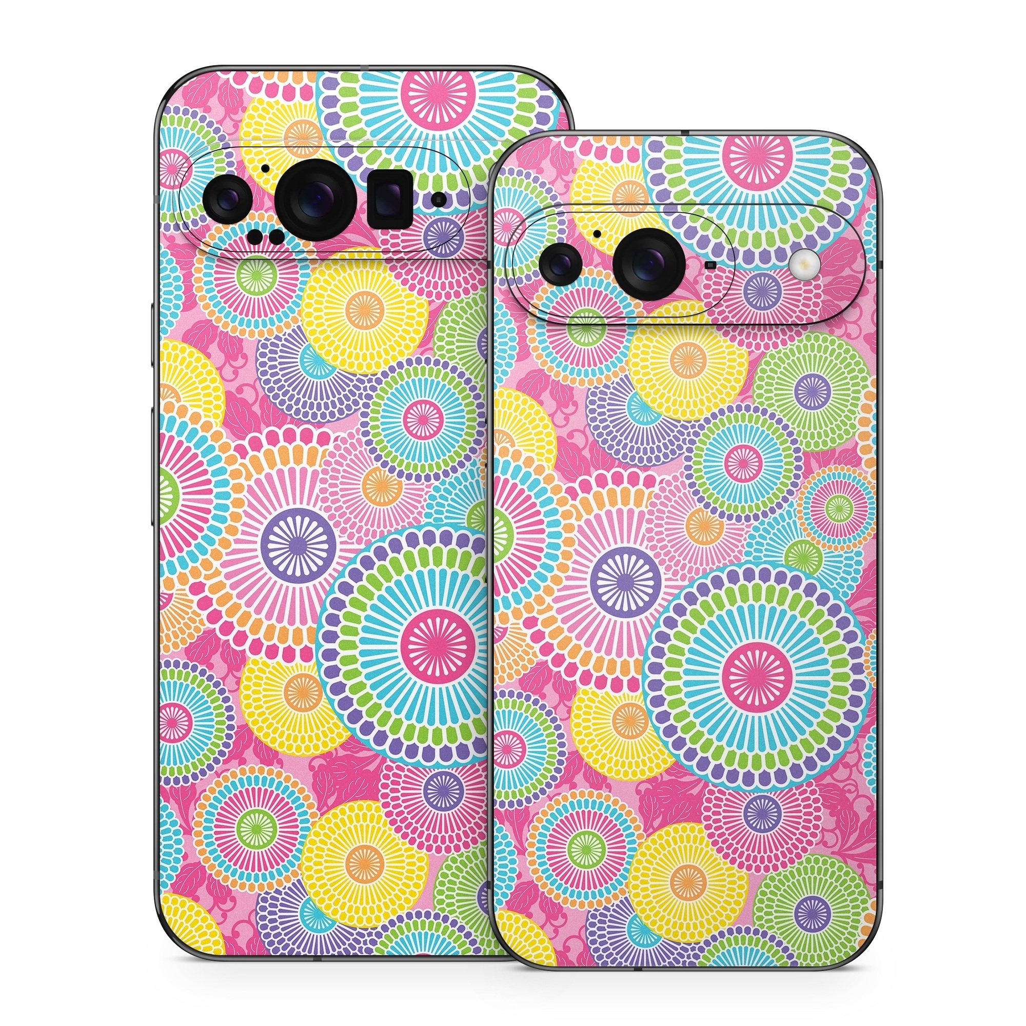 Google Pixel 9 Series Skin design of Pattern, Circle, Textile, Design, Visual arts, Wrapping paper, with gray, pink, purple, orange, blue, green colors