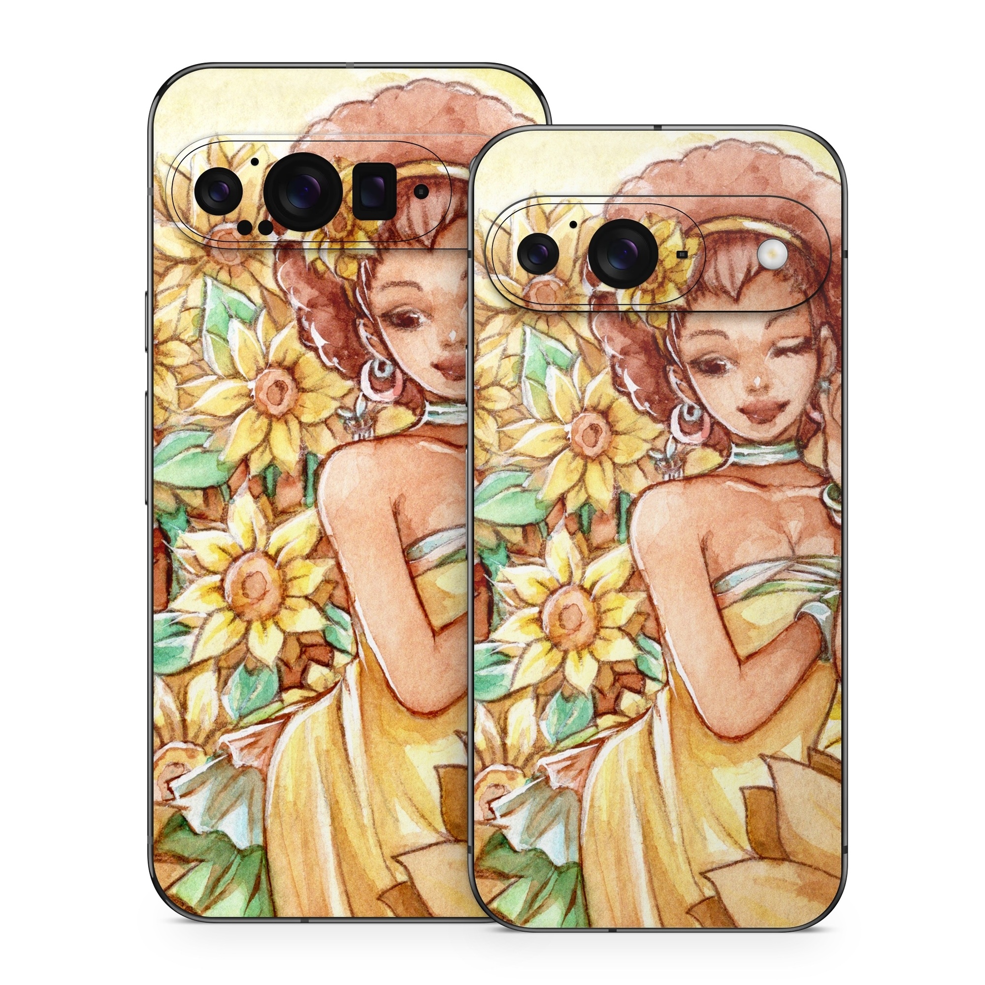 Google Pixel 9 Series Skin design of Painting, Illustration, Art, Fictional character, Plant, Flower, Clip art, with yellow, orange, brown, green colors