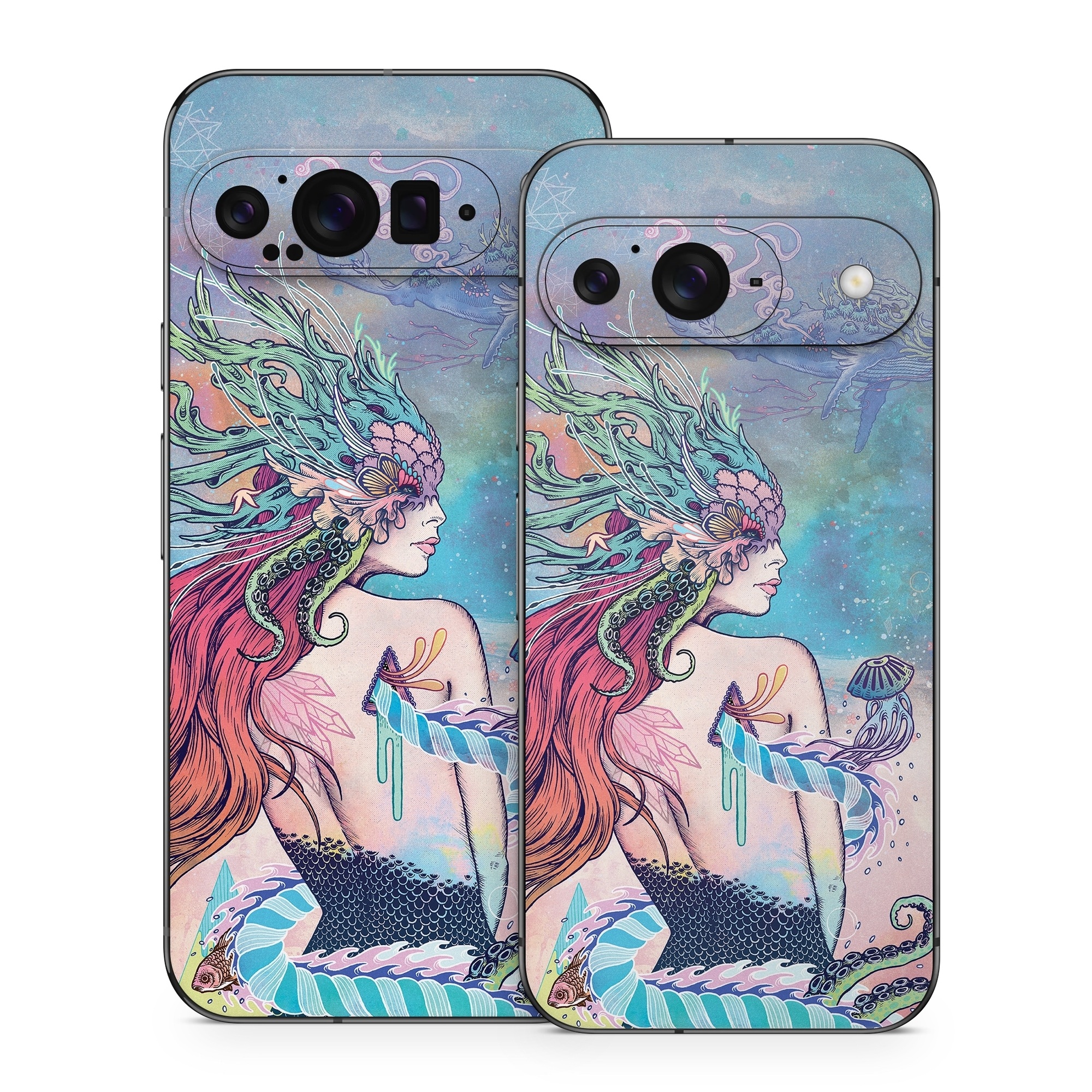 Google Pixel 9 Series Skin design of Illustration, Fictional character, Art, Cg artwork, Fiction, Mythology, Painting, Mermaid, with blue, purple, green, red, yellow, pink colors
