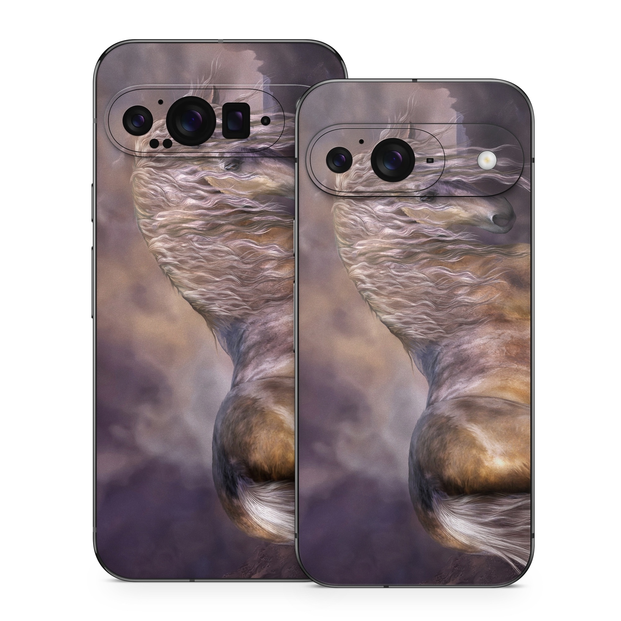 Google Pixel 9 Series Skin design of Horse, Mane, Stallion, Mustang horse, Fictional character, Mare, Painting, Wildlife, Mythical creature, with black, gray, red, blue, green colors