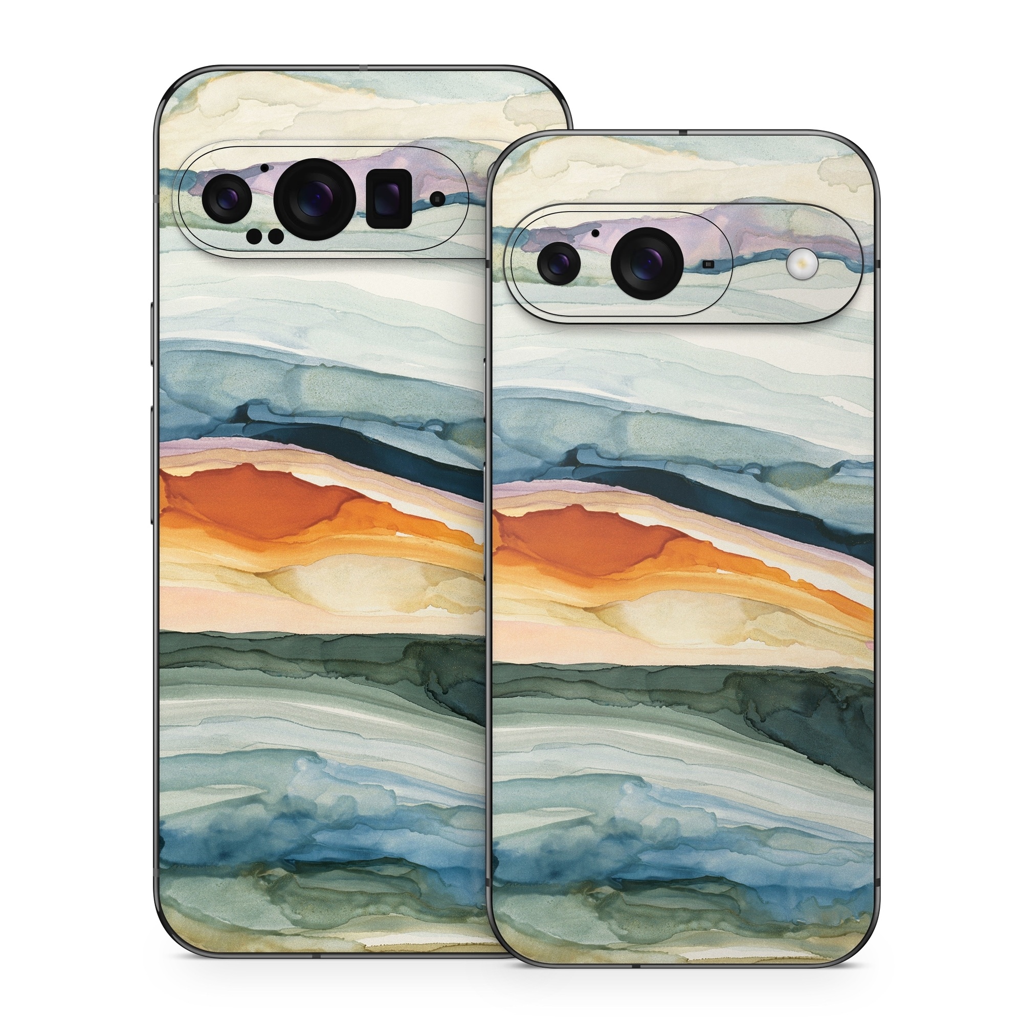 Google Pixel 9 Series Skin design of Watercolor paint, Painting, Sky, Wave, Geology, Landscape, Pattern, Acrylic paint, Cloud, Paint, with blue, purple, orange, yellow, red, green, brown colors