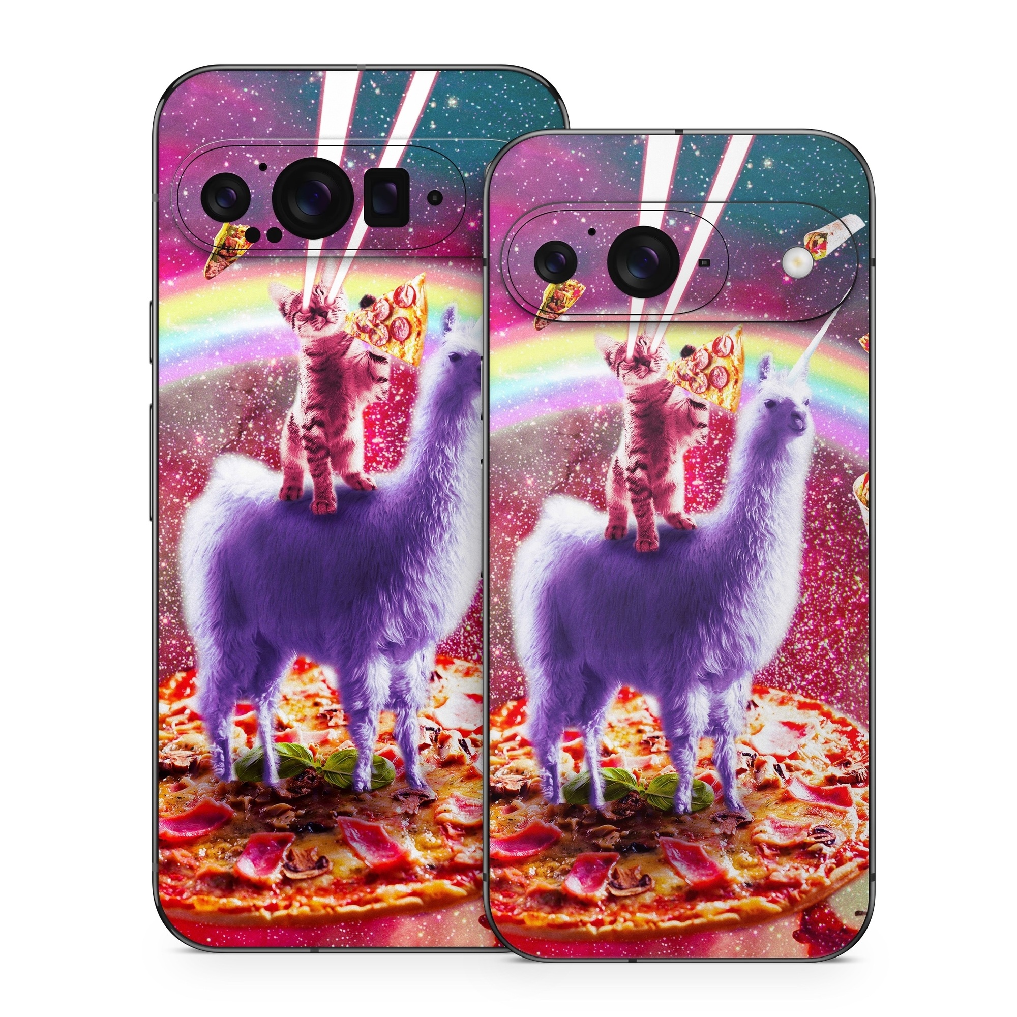 Google Pixel 9 Series Skin design of Llama, Unicorn, Fictional character, Illustration, Graphic design, Livestock, Camelid, Mythical creature, Graphics, Art, with red, white, yellow, gray, purple, blue, green colors
