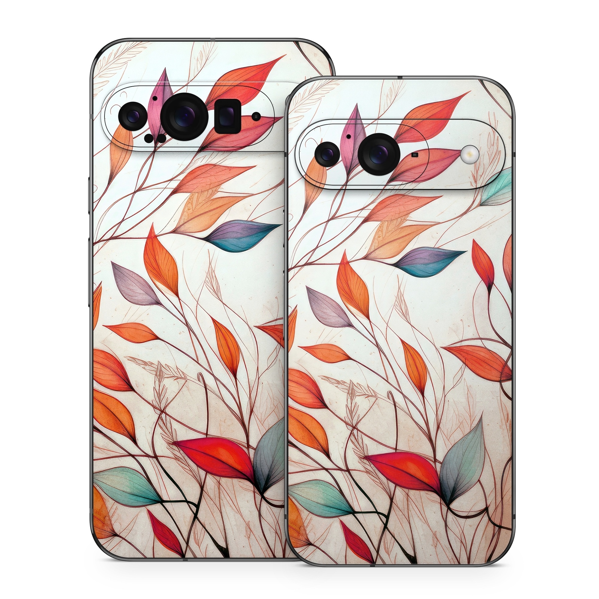 Google Pixel 9 Series Skin design of Plant, Vertebrate, Art paint, Nature, Botany, Leaf, Branch, Twig, Textile, Orange, with yellow, orange, red, white, brown, blue colors