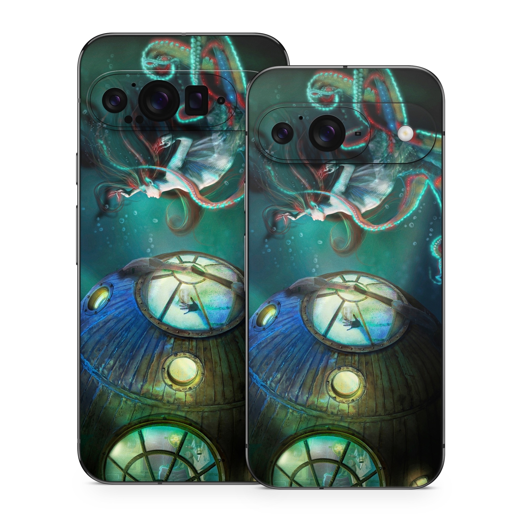 Google Pixel 9 Series Skin design of Cg artwork, Illustration, Art, Fictional character, Fiction, Space, Fractal art, Graphic design, Mythology, Graphics, with black, gray, blue, green colors