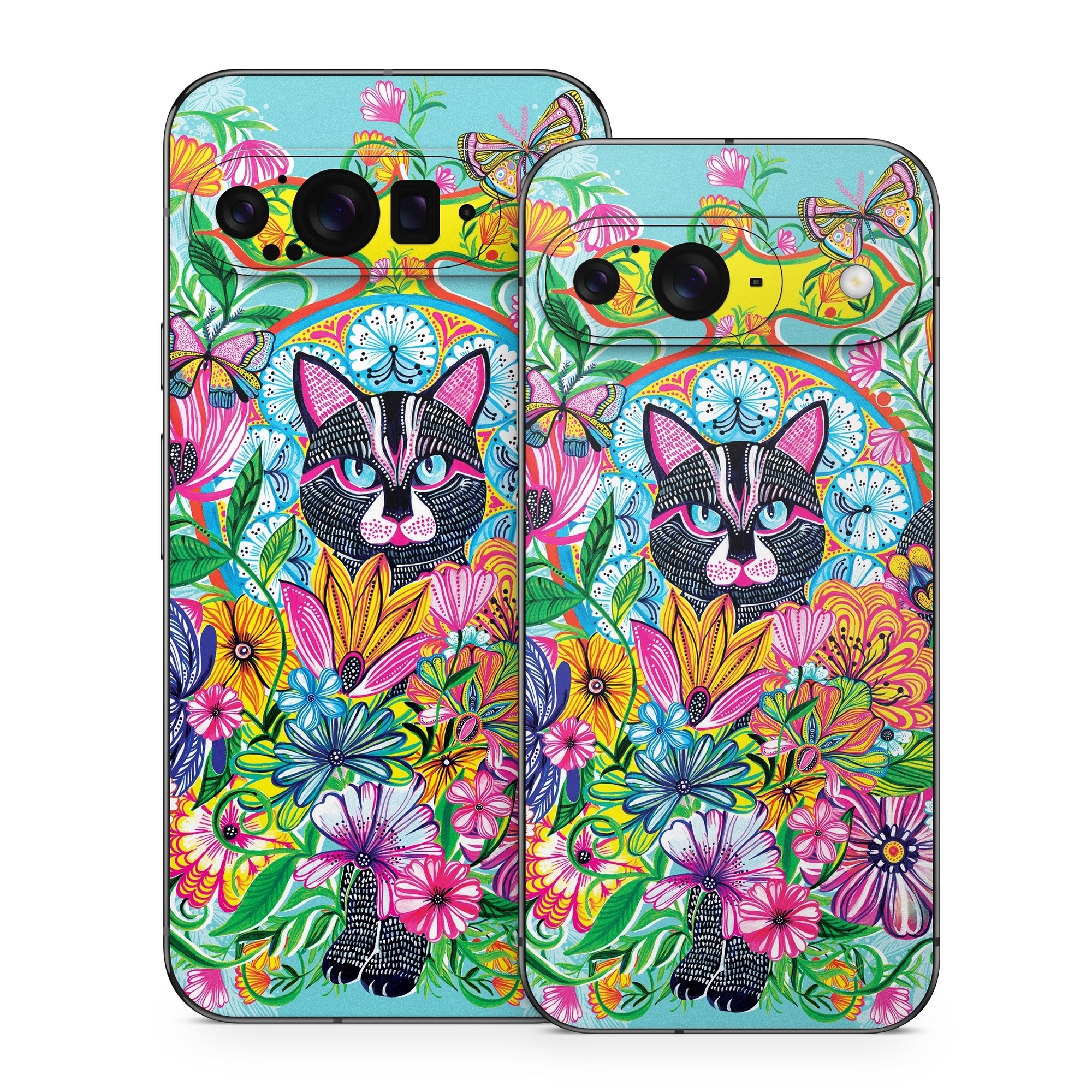 Google Pixel 9 Series Skin design of Visual arts, Art, Plant, Illustration, Pattern, Floral design, Flower, Wildflower, with white, blue, pink, black, green, yellow colors