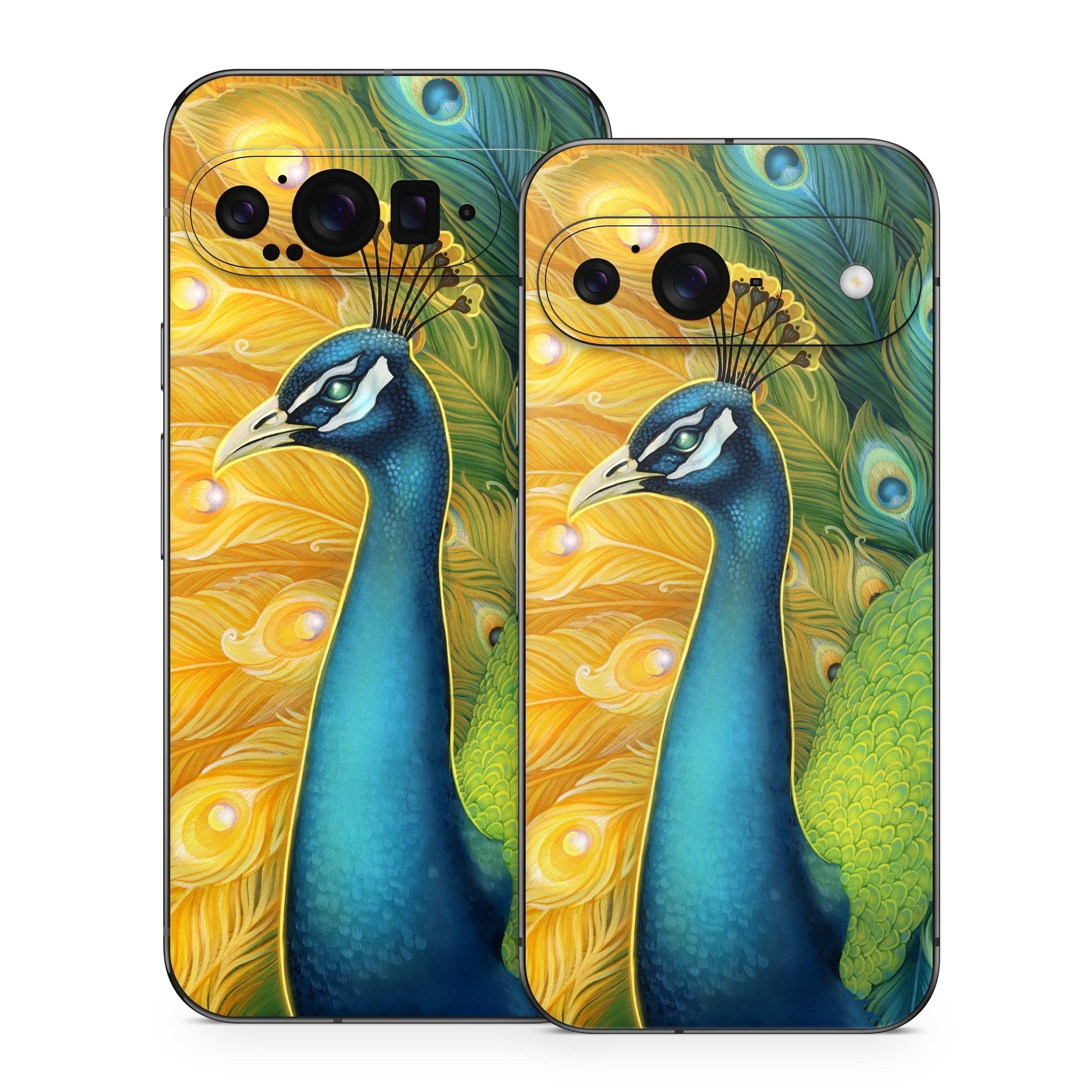 Google Pixel 9 Series Skin design of Bird, Peafowl, Phasianidae, Beak, Organism, Art paint, Galliformes, Art, Feather, Painting, with yellow, orange, green, blue, white, black colors