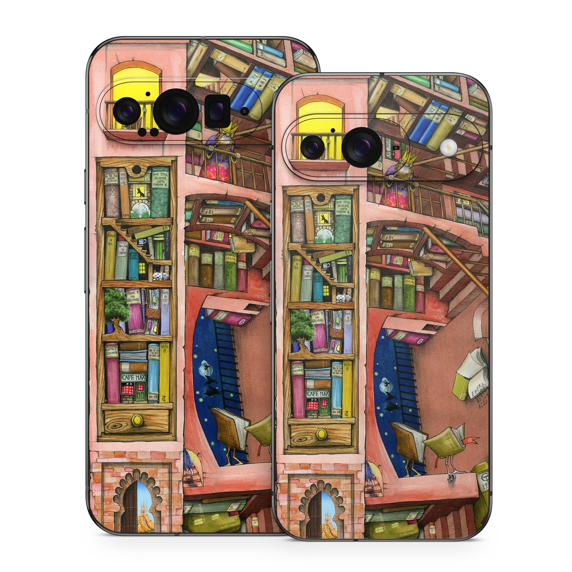 Google Pixel 9 Series Skin design of Cartoon, Building, Art, Architecture, Design, Fun, Retail, Illustration, Neighbourhood, Room, with pink, yellow, blue, red, orange, brown colors