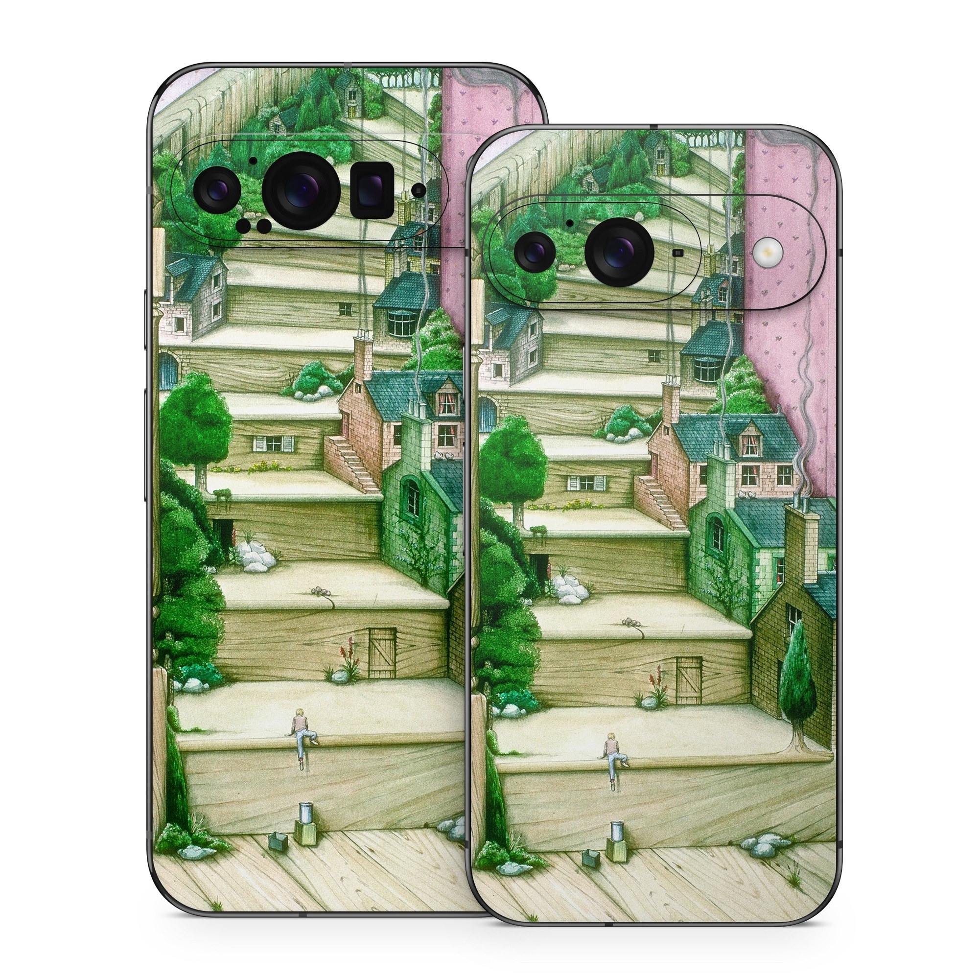 Google Pixel 9 Series Skin design of Green, Stairs, House, Watercolor paint, Home, Illustration, Building, Wood, Plant, Sketch, with pink, green, brown colors