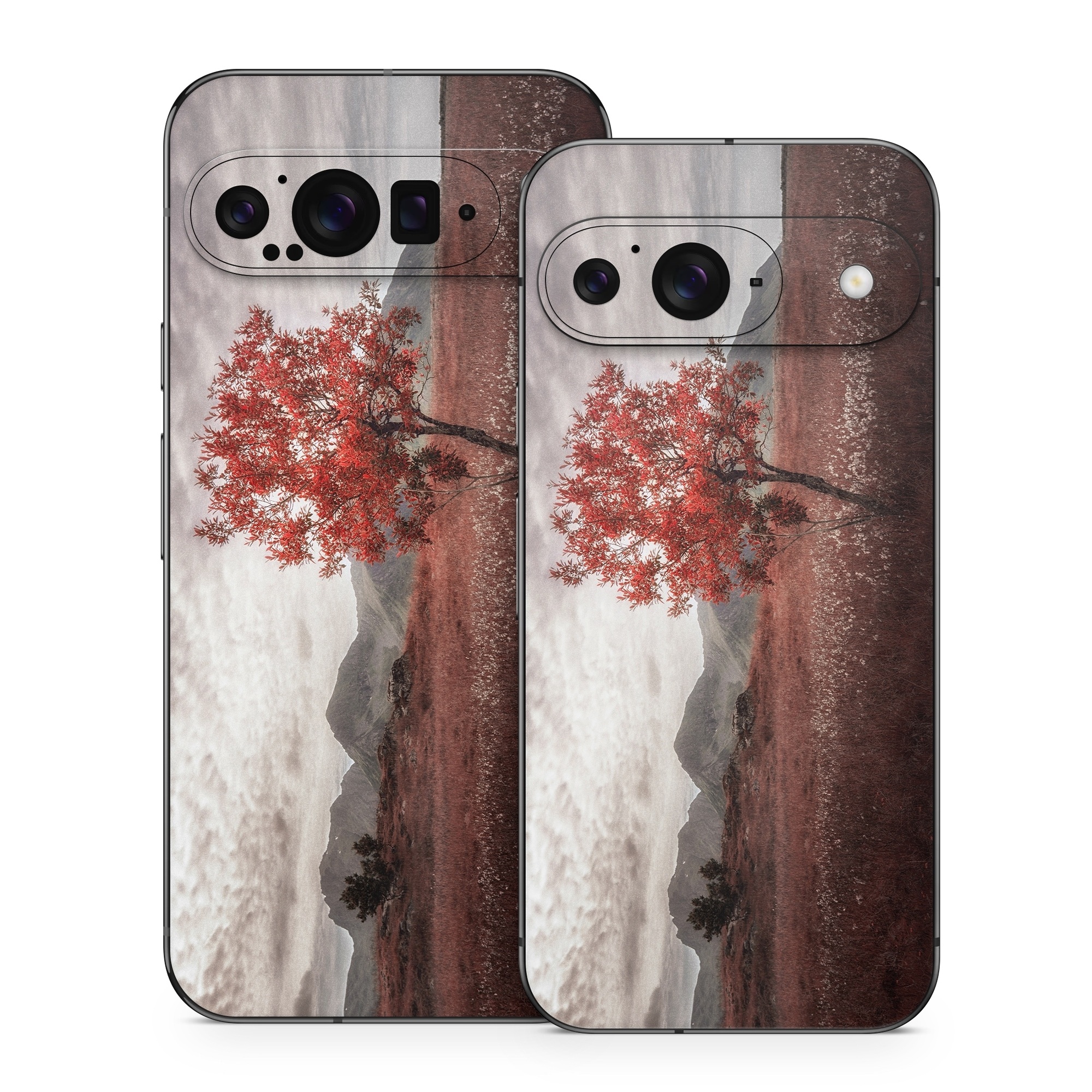 Google Pixel 9 Series Skin design of Natural landscape, Nature, Tree, Sky, Red, Natural environment, Atmospheric phenomenon, Leaf, Cloud, Woody plant, with black, gray, red colors