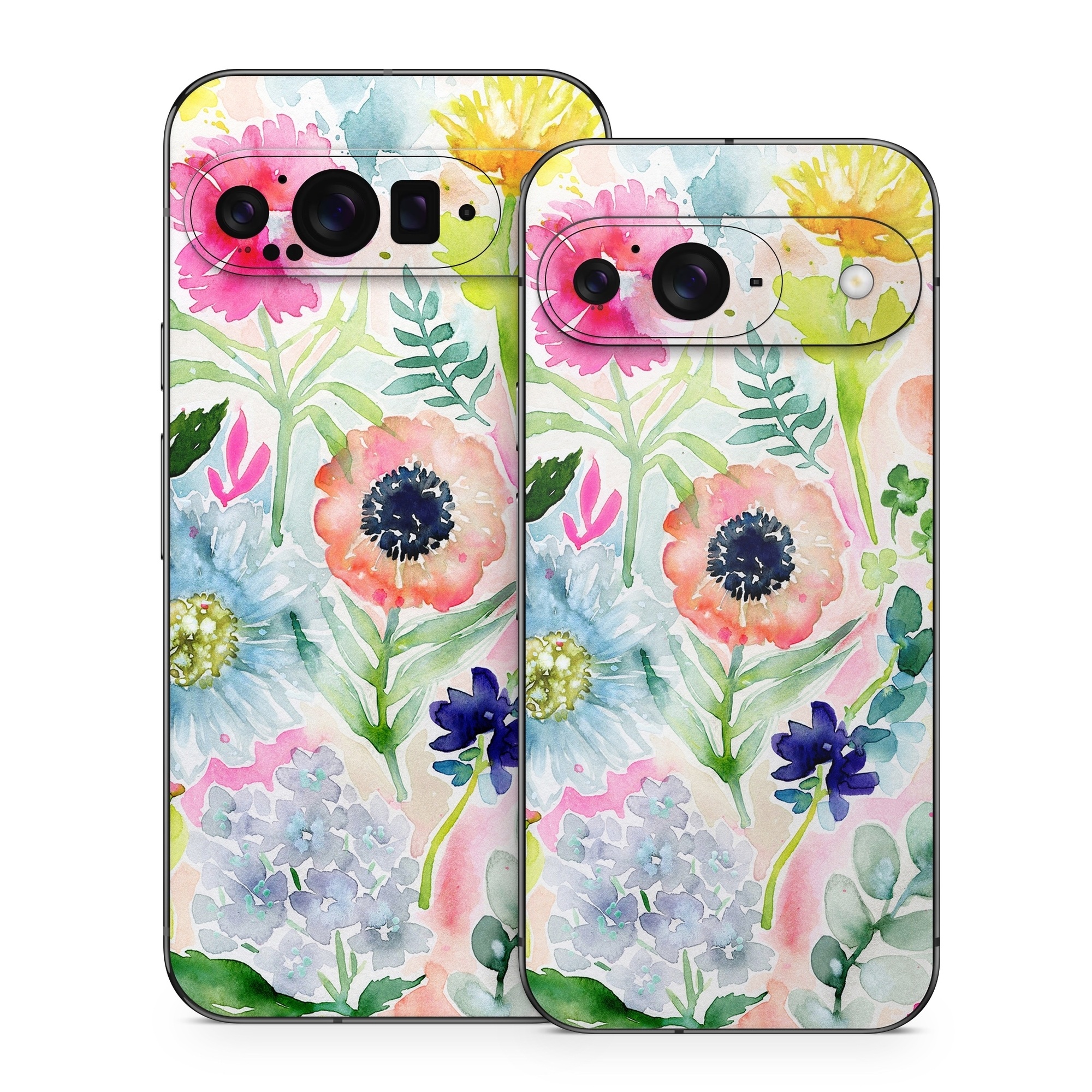 Google Pixel 9 Series Skin design of Flower, Watercolor paint, Plant, Flowering plant, Pattern, Floral design, Botany, Petal, Wildflower, Design, with green, pink, yellow, orange, blue, red, purple colors
