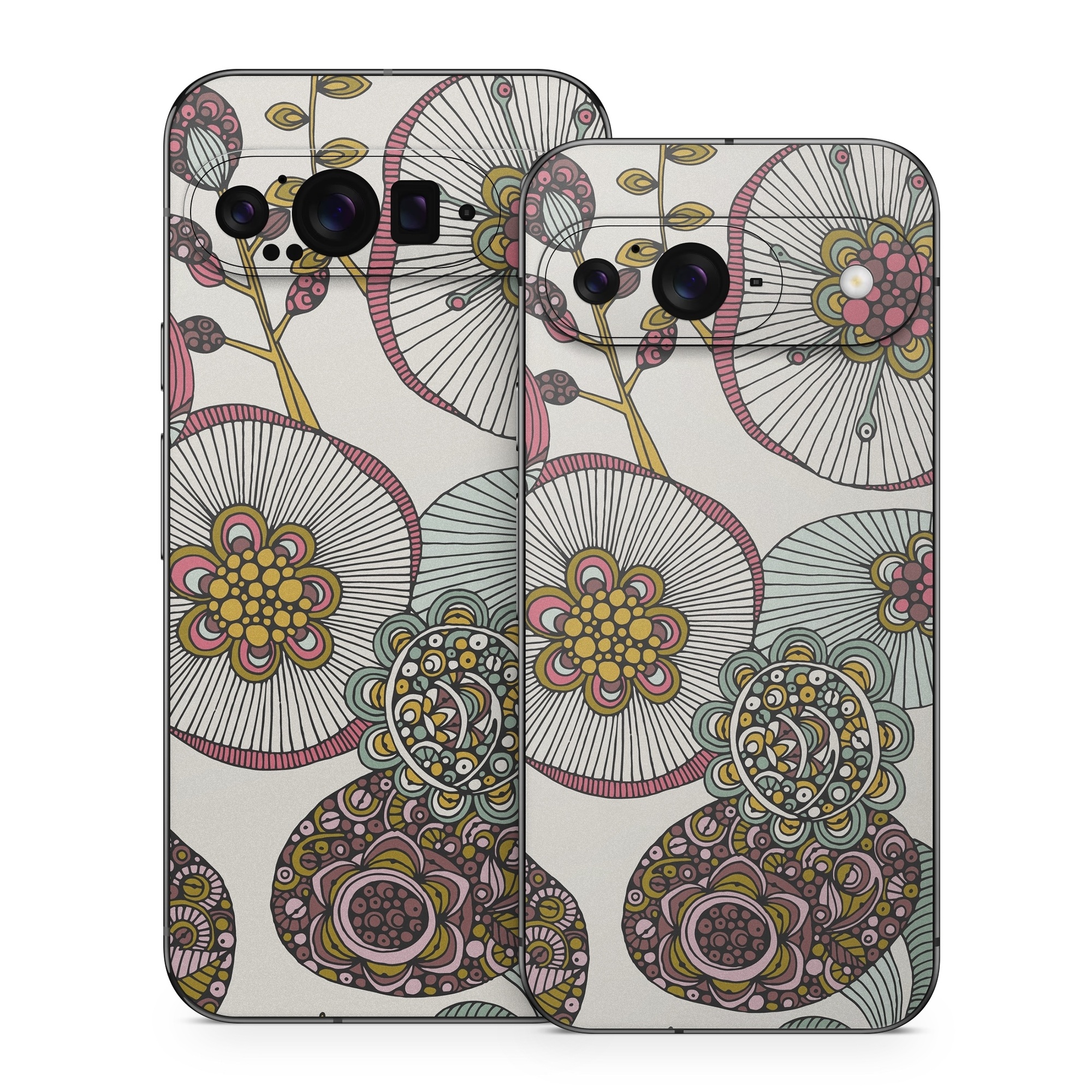 Google Pixel 9 Series Skin design of Pattern, Textile, Botany, Visual arts, Motif, Design, Needlework, Circle, Floral design, with gray, pink, green, blue, purple colors