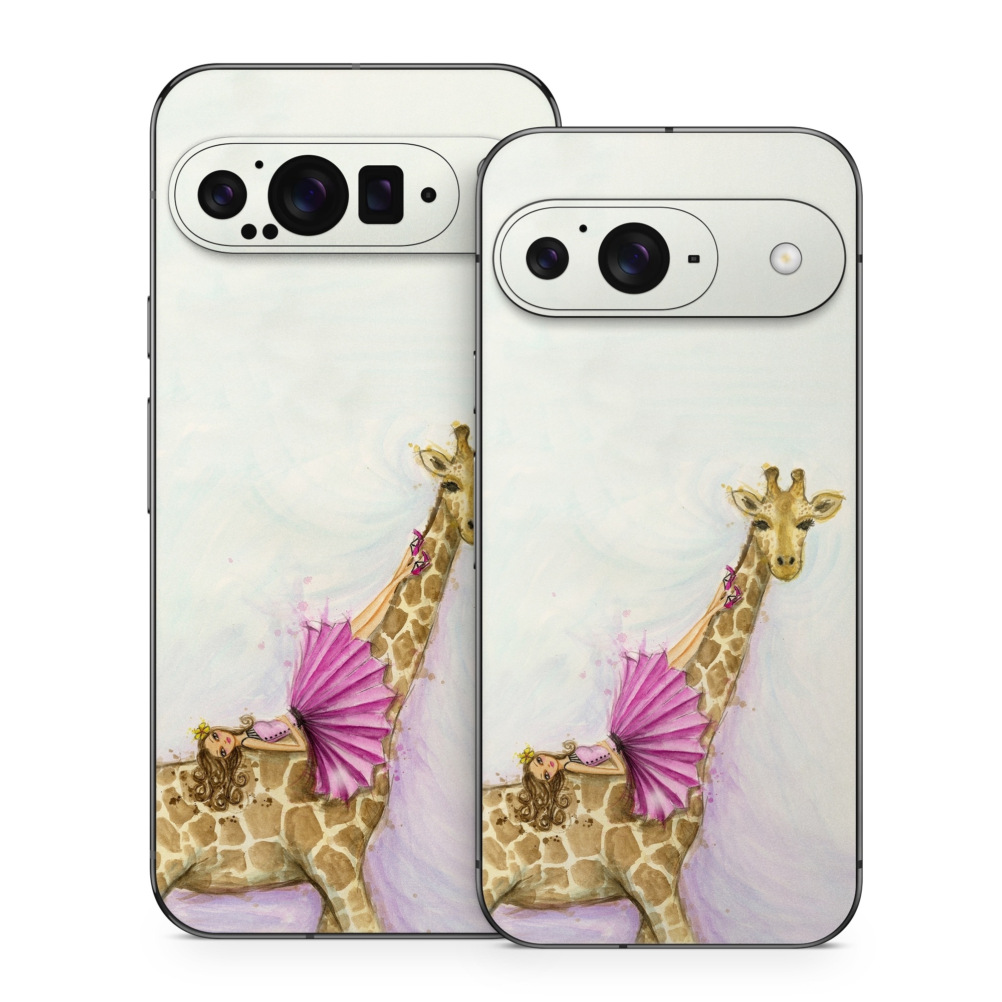 Google Pixel 9 Series Skin design of Giraffe, Giraffidae, Terrestrial animal, Pink, Wildlife, Snout, Fawn, Illustration, Watercolor paint, Magenta, with blue, brown, orange, pink colors