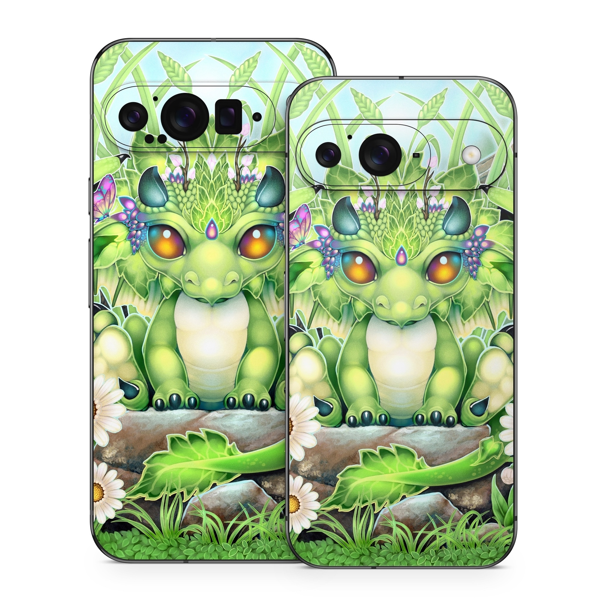 Google Pixel 9 Series Skin design of Plant, Green, Leaf, Natural environment, Flower, Terrestrial plant, Grass, Creative arts, People in nature, Art, with green, white, yellow, brown, blue colors