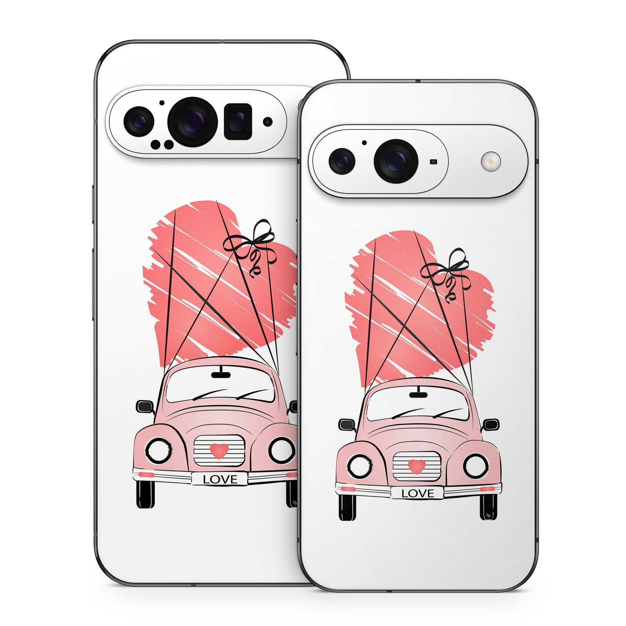 Google Pixel 9 Series Skin design of Land vehicle, Wheel, Vehicle, Tire, Hood, Automotive lighting, Car, Motor vehicle, Kit car, Cartoon, with white, pink, black, red colors