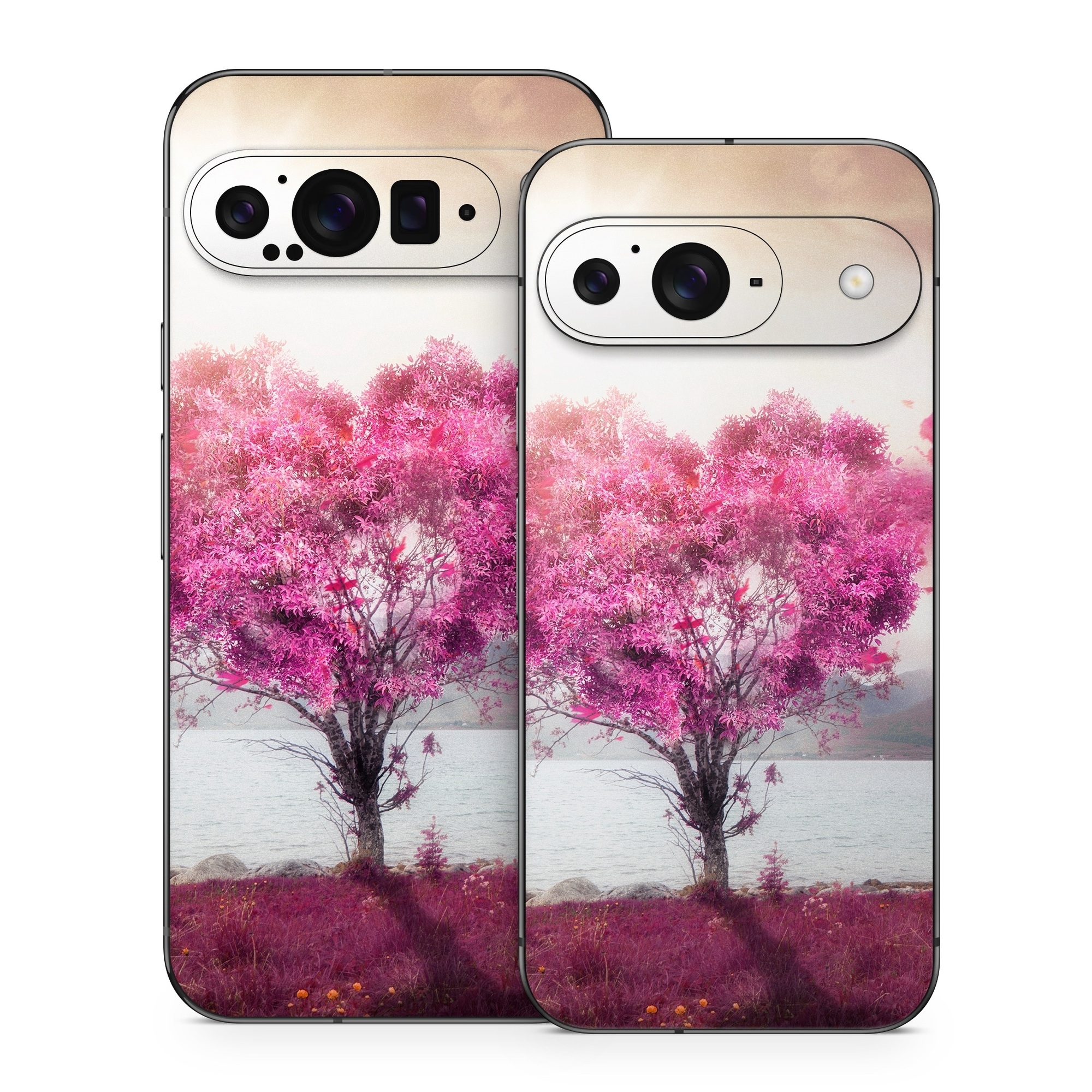 Google Pixel 9 Series Skin design of Sky, Nature, Natural landscape, Pink, Tree, Spring, Purple, Landscape, Cloud, Magenta, with pink, yellow, blue, black, gray colors