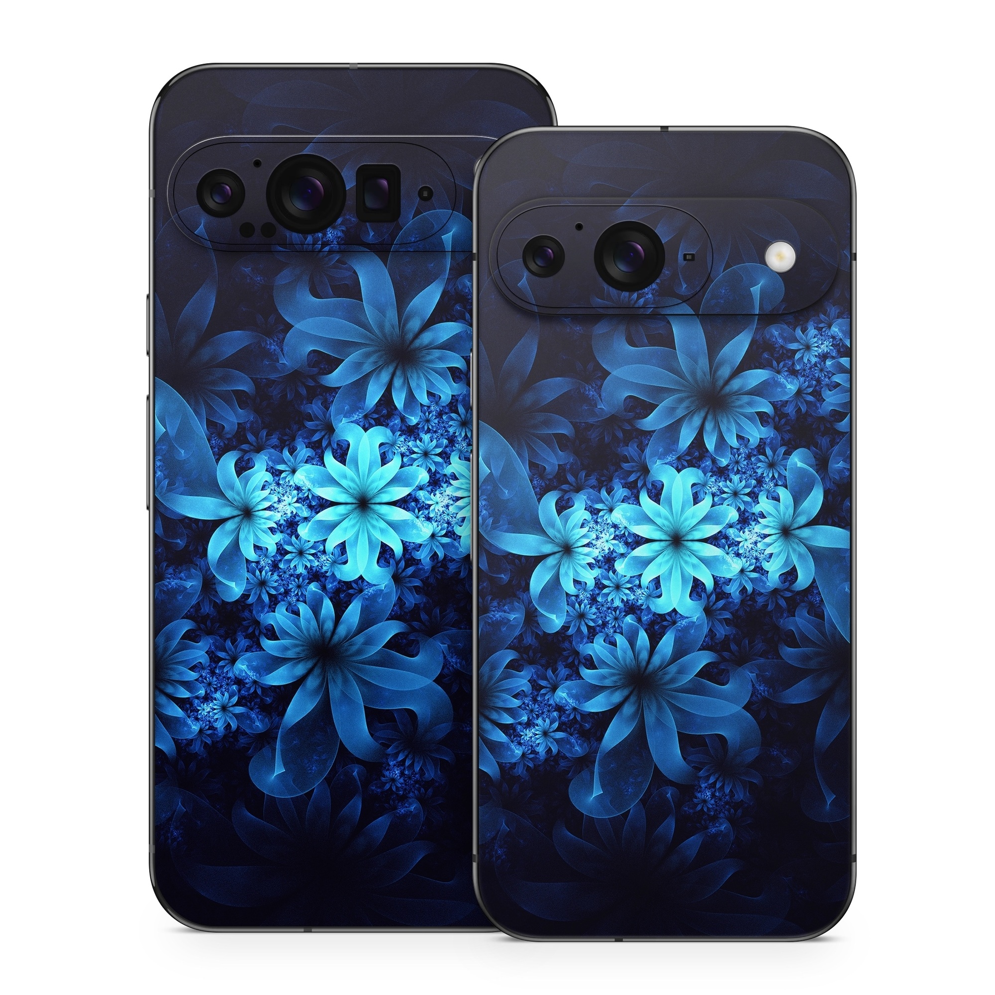 Google Pixel 9 Series Skin design of Nature, Blue, Petal, Organism, Darkness, Flower, Colorfulness, Electric Blue, Majorelle Blue, Pattern, Botany, Still Life Photography, Space, Aquatic Plant, Fractal Art, Visual Arts, Illustration, Symmetry, Midnight, Wildflower, Painting, Still Life, with black, blue, white colors