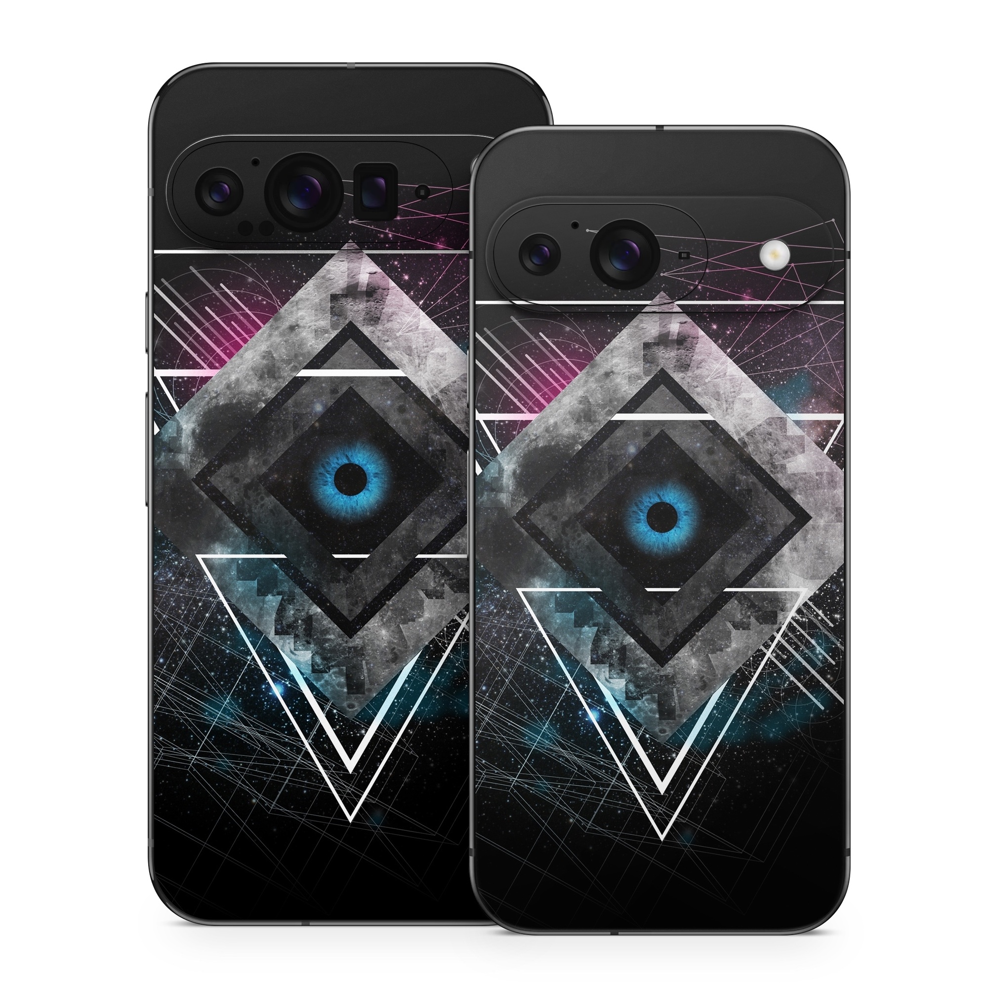 Google Pixel 9 Series Skin design of Graphic design, Design, Pattern, Graphics, Illustration, Font, Circle, Triangle, Fractal art, Logo, with black, gray colors