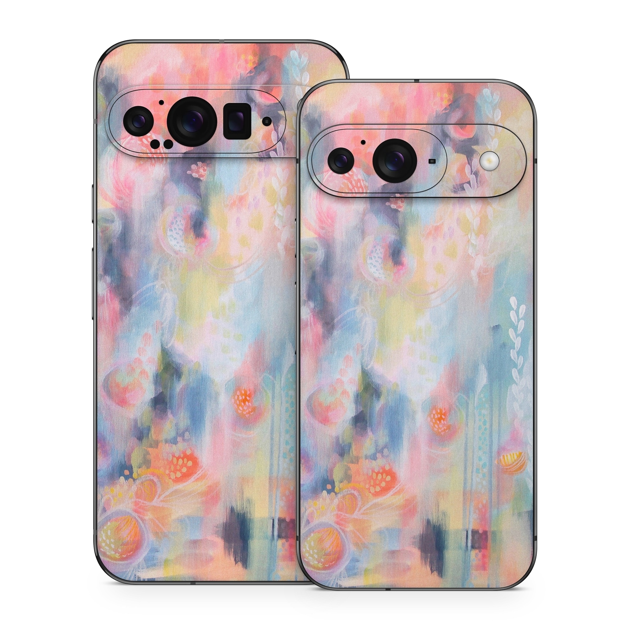 Google Pixel 9 Series Skin design of Painting, Watercolor paint, Modern art, Acrylic paint, Art, Visual arts, Paint, Artwork, Dye, with blue, pink, orange, yellow, red, white colors