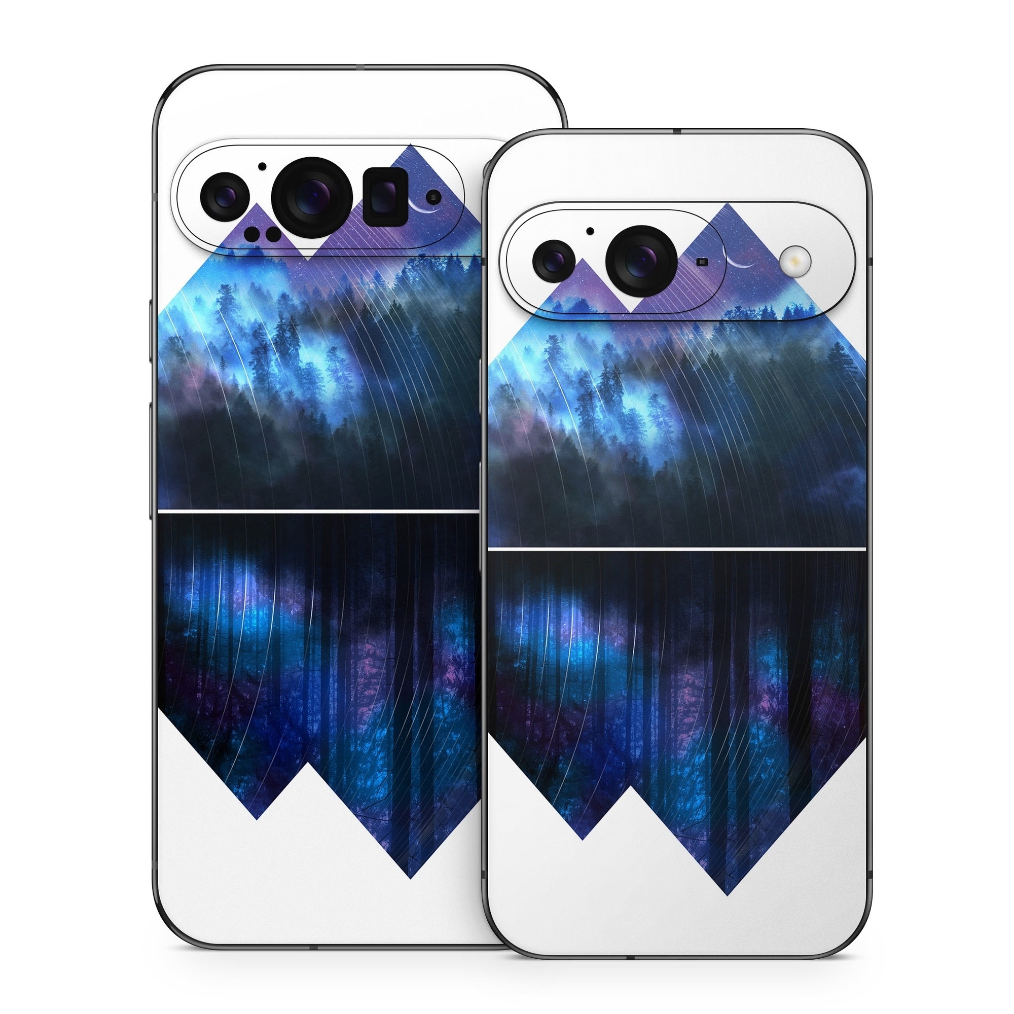 Google Pixel 9 Series Skin design of Blue, Cobalt blue, Pyramid, Pattern, Electric blue, Design, Fractal art, Sky, Triangle, Space, with white, blue, purple, black colors