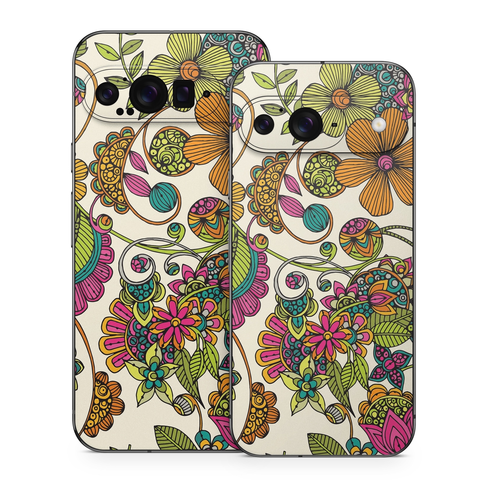Google Pixel 9 Series Skin design of Pattern, Floral design, Motif, Design, Visual arts, Botany, Pedicel, Flower, Plant, Textile, with green, pink, orange, blue colors