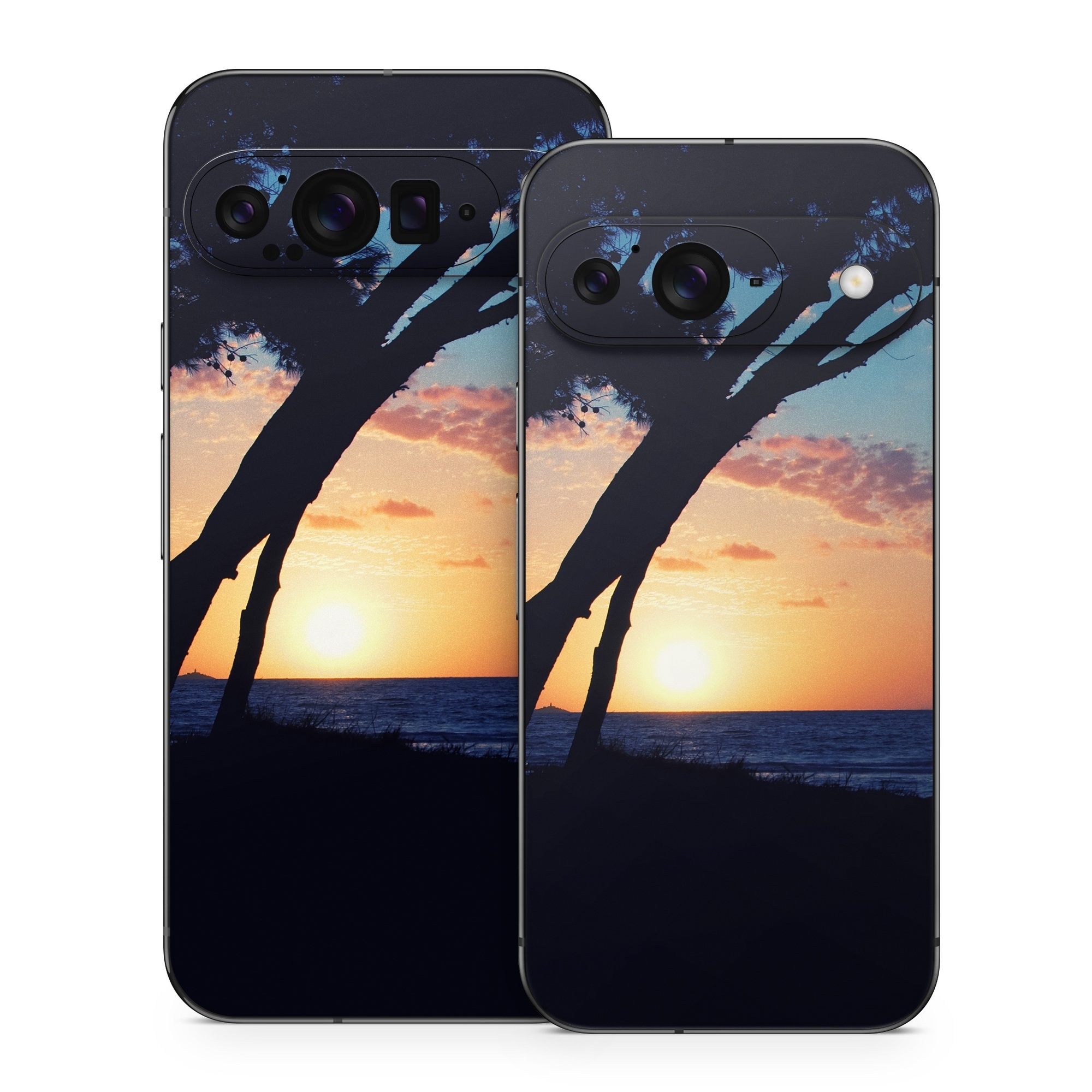 Google Pixel 9 Series Skin design of Sky, Horizon, Nature, Tree, Sunset, Sunrise, Ocean, Sea, Natural landscape, Afterglow, with black, gray, blue, green, red, pink colors