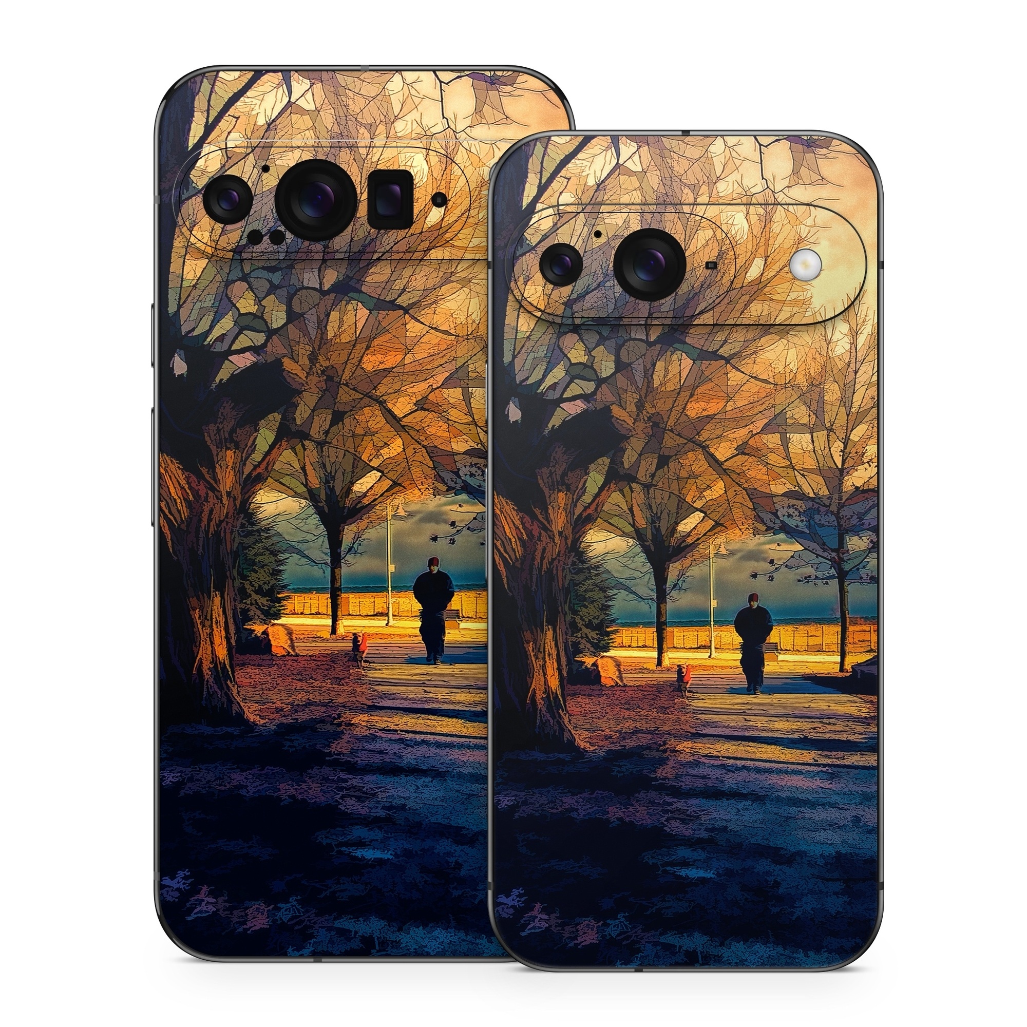 Google Pixel 9 Series Skin design of Sky, Nature, Natural landscape, Tree, Cloud, Sunset, Evening, Morning, Sunrise, Horizon, with black, brown, yellow, orange, blue colors