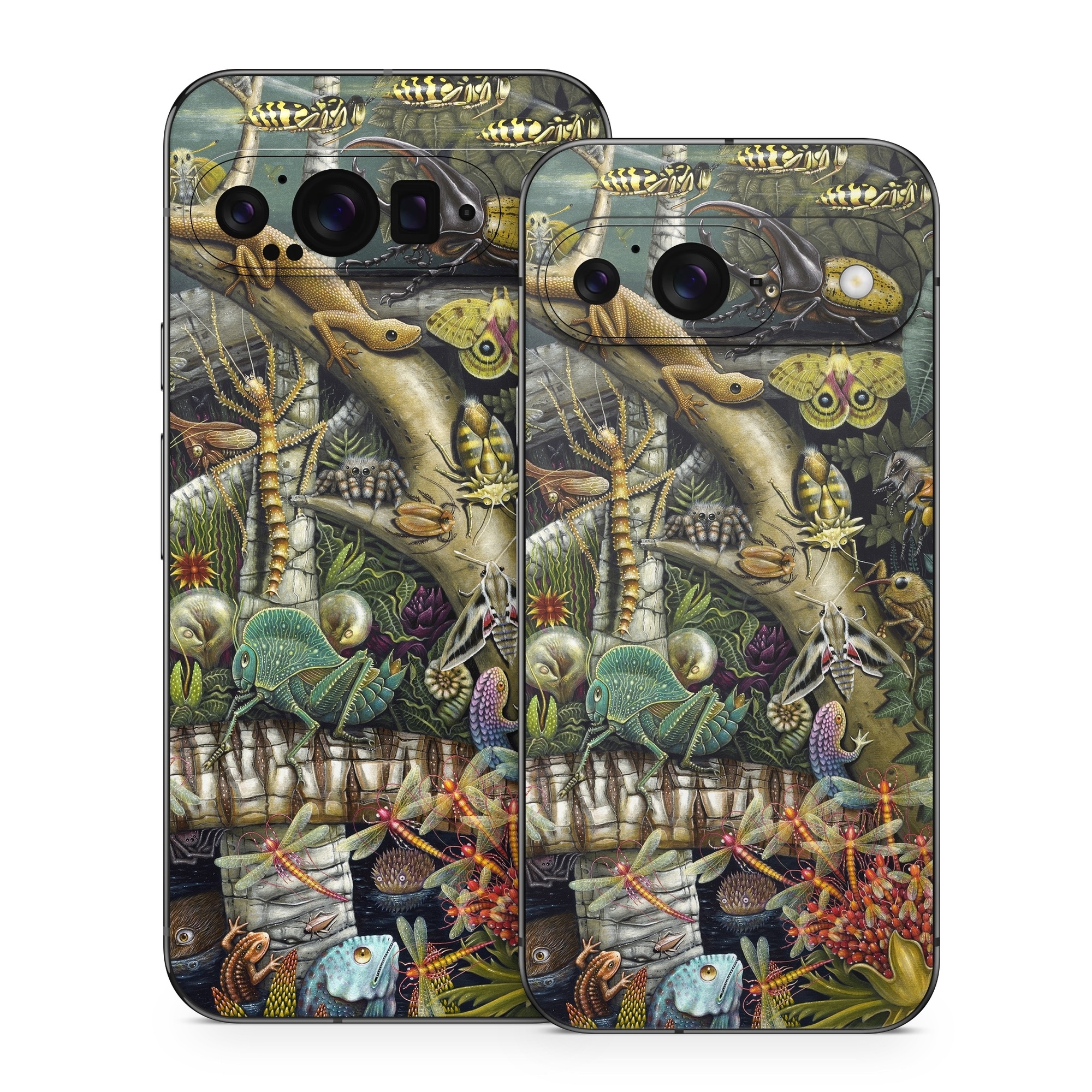 Google Pixel 9 Series Skin design of Strategy video game, Mythology, Art, Games, Plant, Painting, Adventure game, Jungle, Fictional character, Nepenthes, with green, brown, red, yellow, gray, blue, white colors