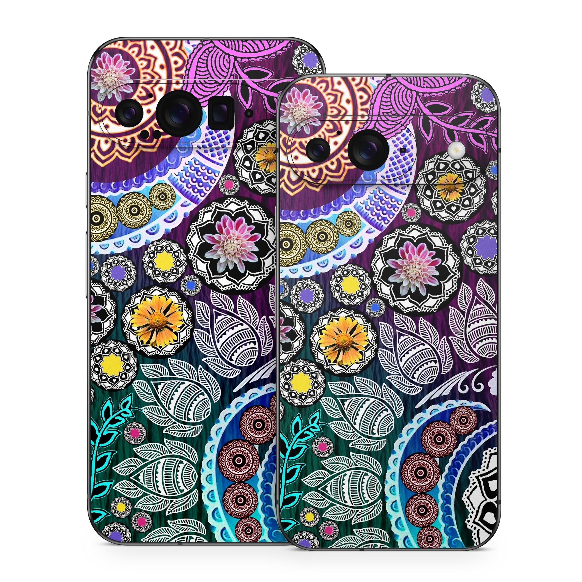 Google Pixel 9 Series Skin design of Pattern, Psychedelic art, Art, Visual arts, Design, Floral design, Textile, Motif, Circle, Illustration, with black, gray, purple, blue, green, red colors