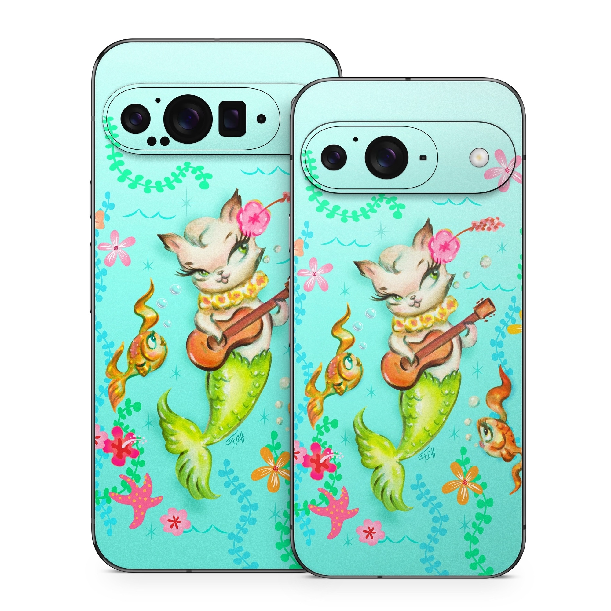 Google Pixel 9 Series Skin design of Fictional character, Illustration, Mermaid, Mythical creature, Clip art, Art, with blue, green, pink, yellow, orange, white, gray, brown colors