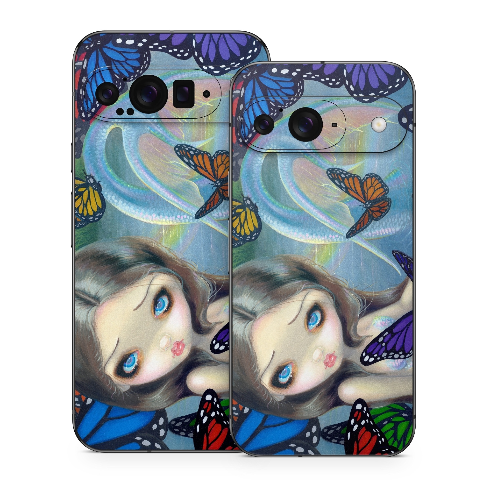 Google Pixel 9 Series Skin design of Butterfly, Insect, Monarch butterfly, Moths and butterflies, Cynthia (subgenus), Invertebrate, Pollinator, Brush-footed butterfly, Organism, Art, with gray, black, blue, red, pink colors
