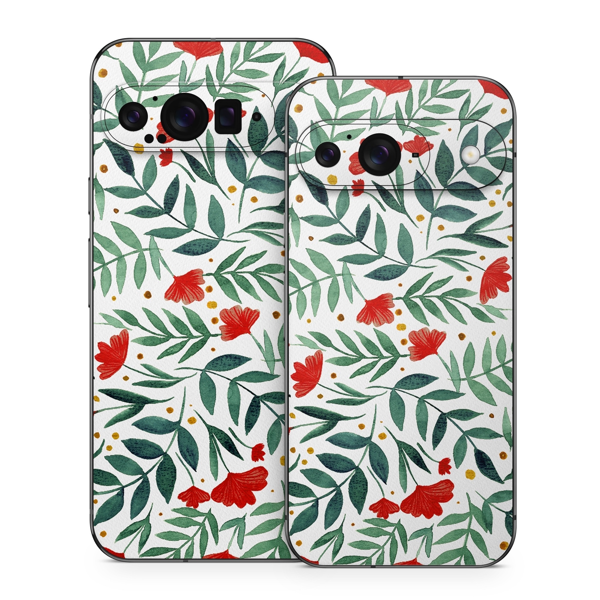 Google Pixel 9 Series Skin design of Flower, Plant, Textile, Line, Petal, Pattern, Flowering plant, Pedicel, Creative arts, Rectangle, with red, green, orange, white colors