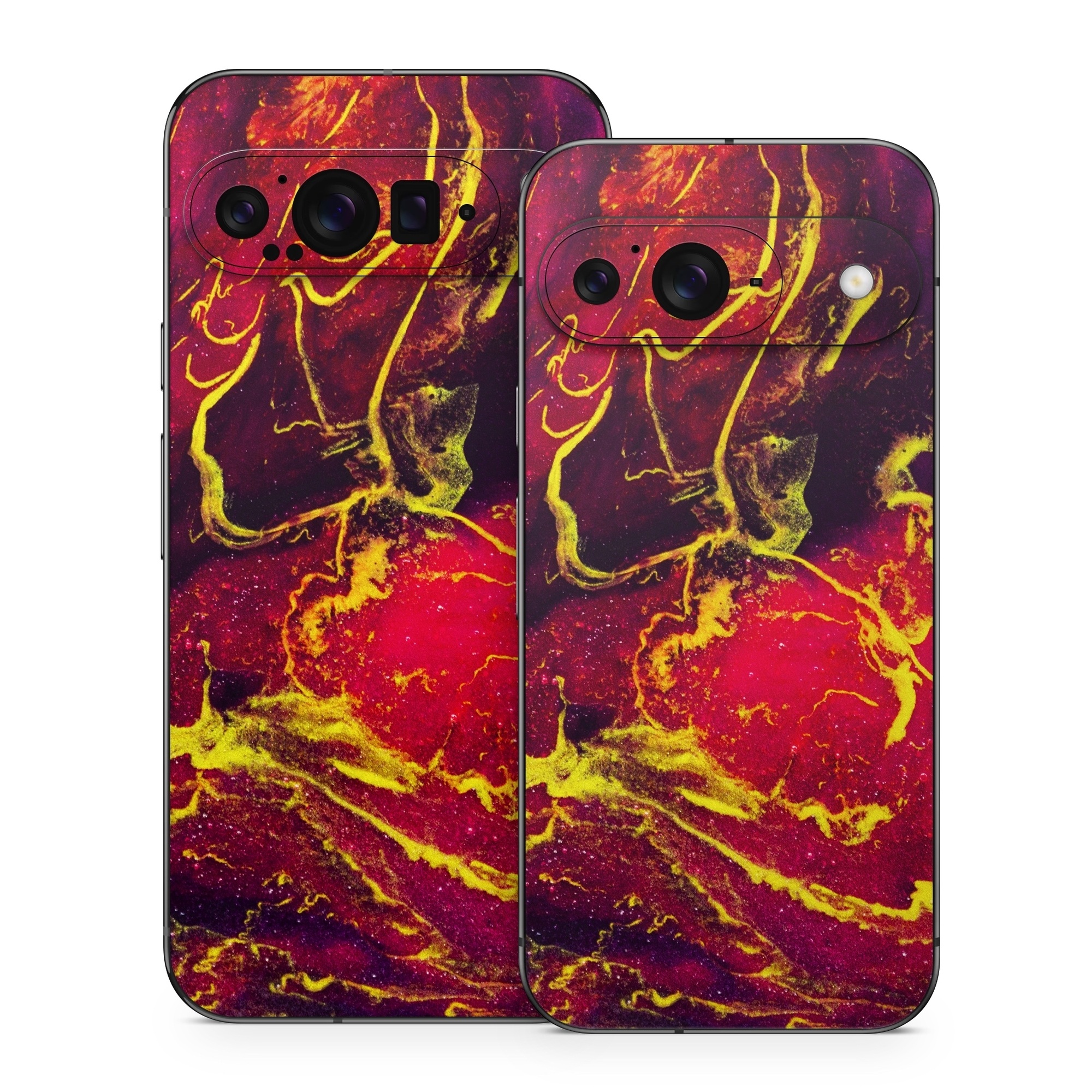 Google Pixel 9 Series Skin design of Red, Purple, Geological phenomenon, Pattern, Fractal art, Art, Fictional character, Graphics, with red, yellow, black colors