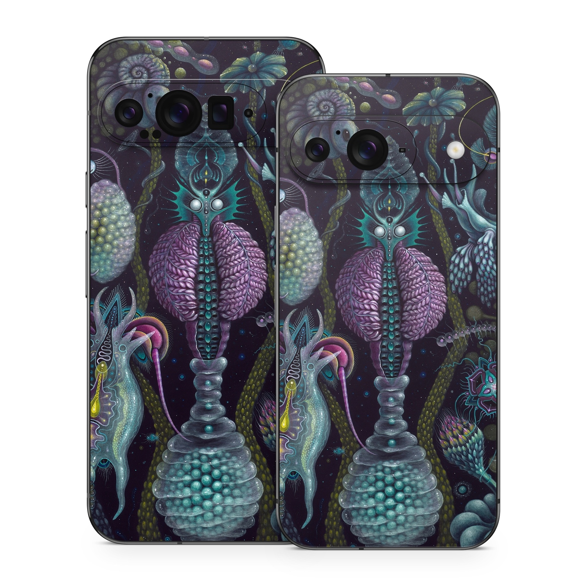 Google Pixel 9 Series Skin design of Organism, Pattern, Art, Illustration, Fractal art, Psychedelic art, Design, Visual arts, Plant, Modern art, with black, green, purple, pink, yellow, blue colors