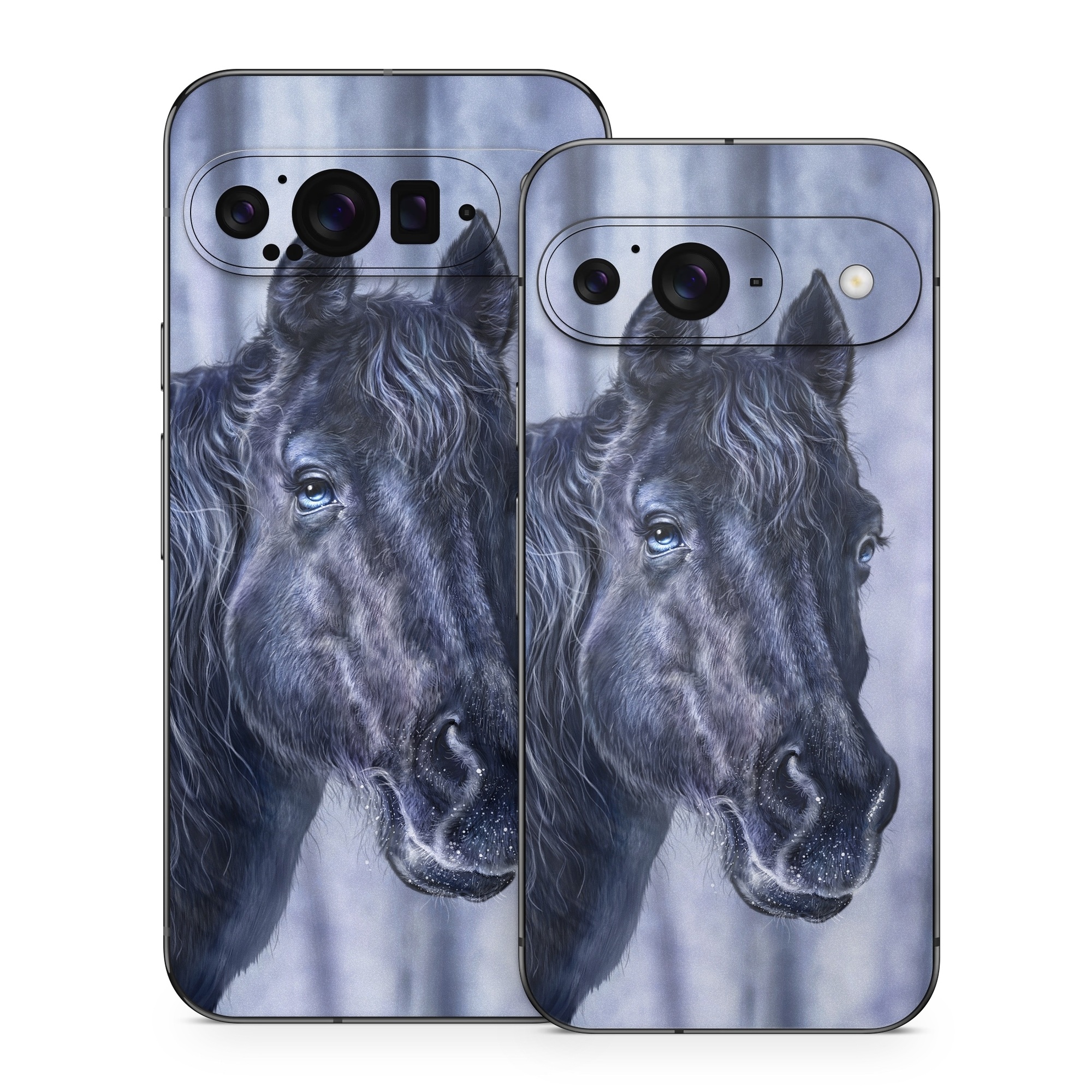 Google Pixel 9 Series Skin design of Horse, Mammal, Vertebrate, Hair, Mane, Stallion, Snout, Mare, Mustang horse, Livestock, with black, white, blue colors
