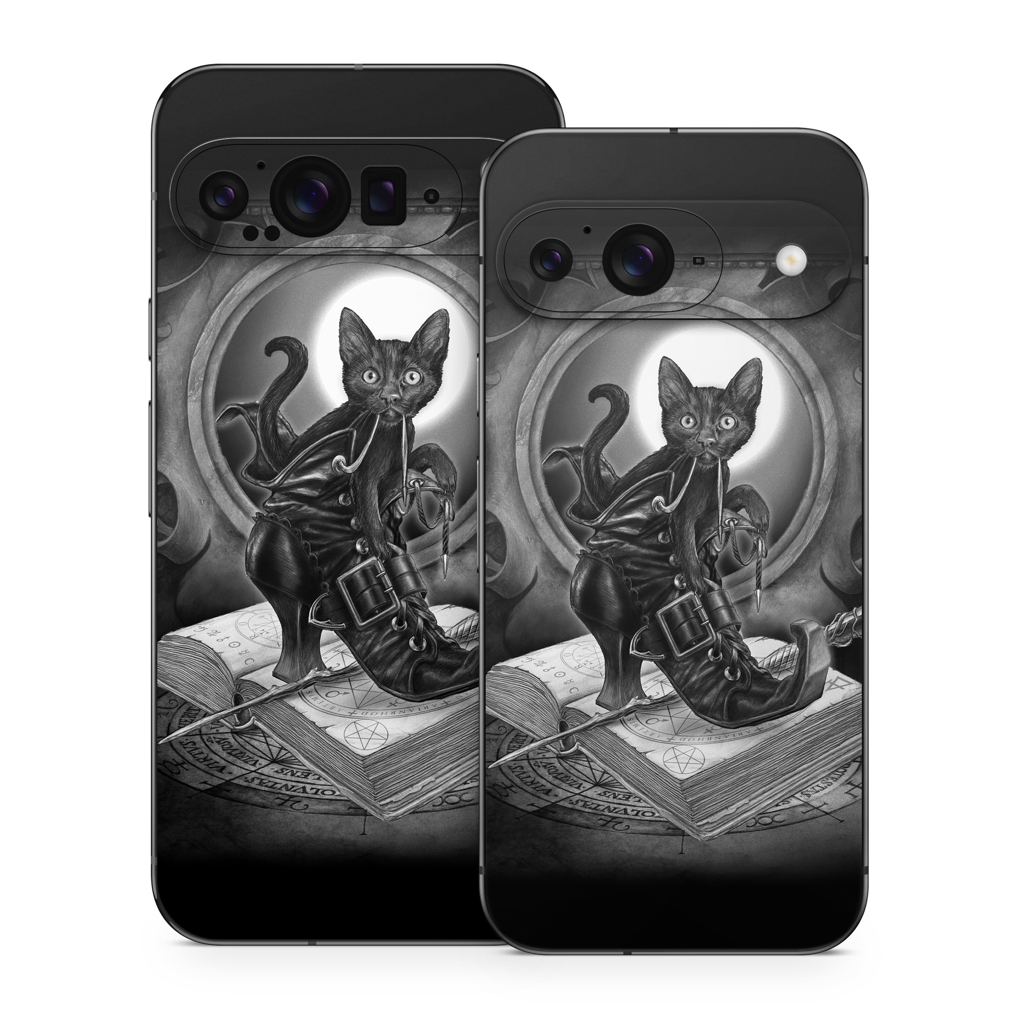 Google Pixel 9 Series Skin design of Cat, Boot, Book, Wand, Shoelace, Mirror, with black, white, gray colors