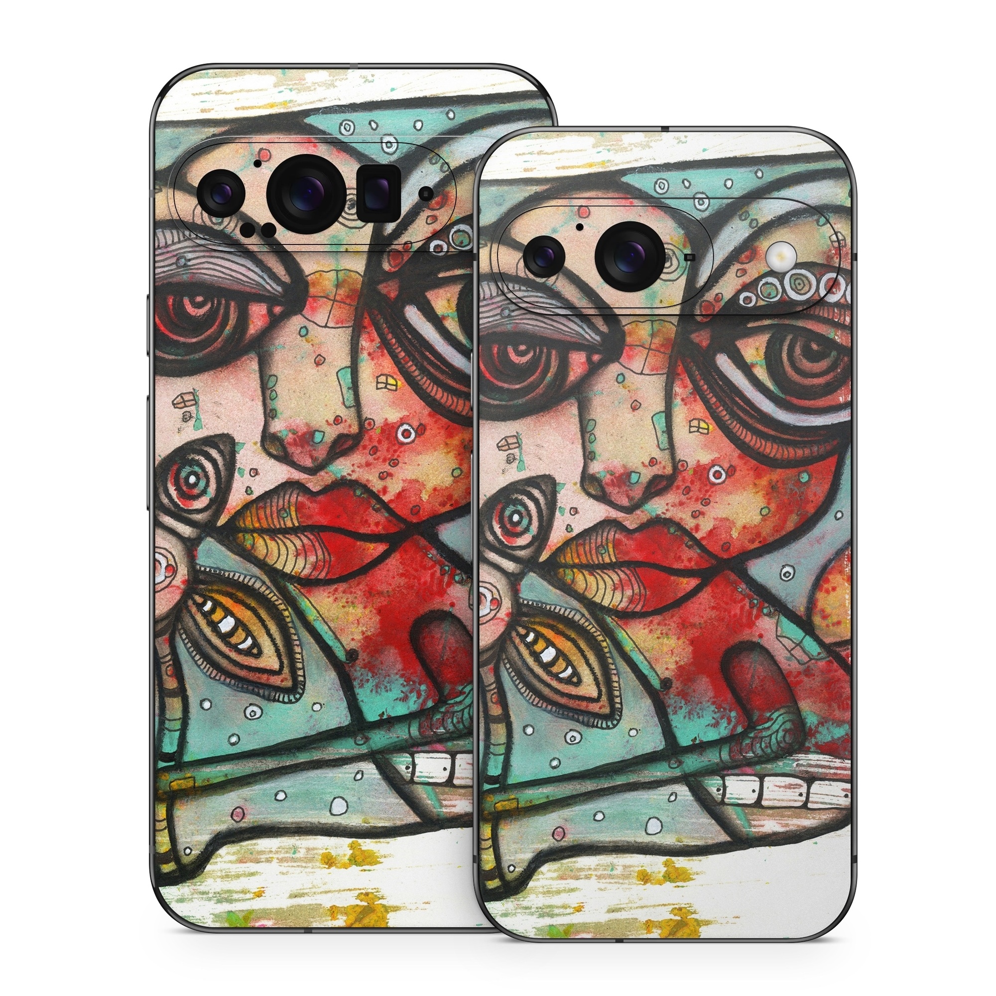 Google Pixel 9 Series Skin design of Modern art, Art, Painting, Illustration, Visual arts, Psychedelic art, Acrylic paint, Watercolor paint, Graffiti, Drawing, with gray, black, red, green, blue, white colors
