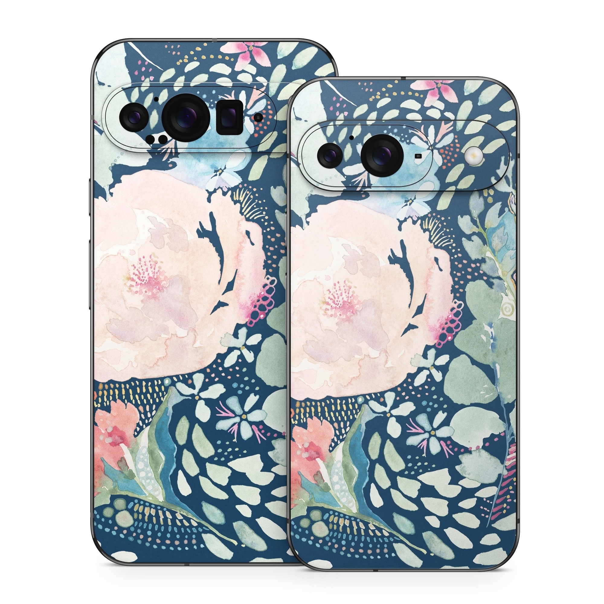 Google Pixel 9 Series Skin design of Flower, Plant, Petal, Botany, Textile, Sleeve, Creative arts, Art, Painting, Aqua, with blue, pink, green, white, orange, yellow, red colors