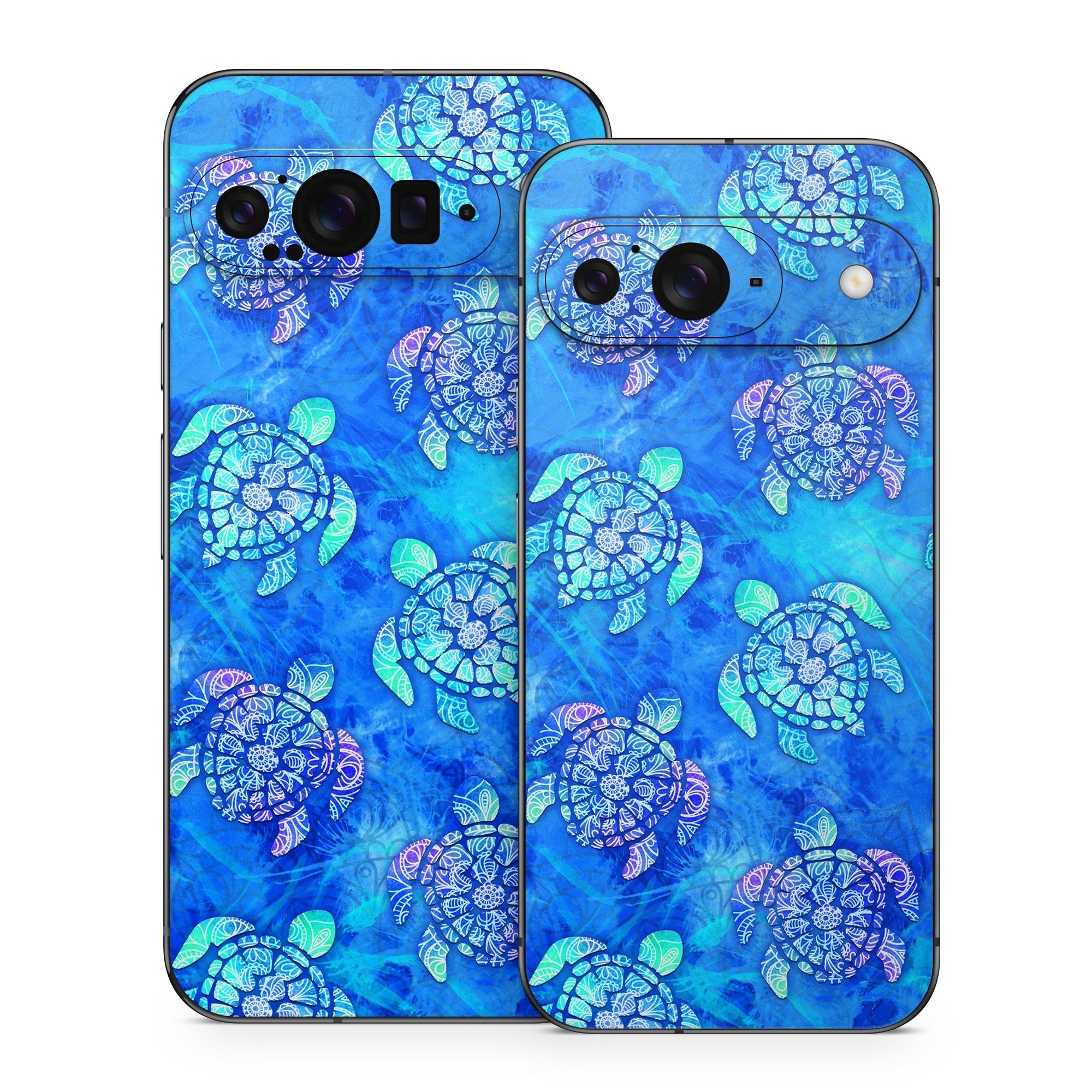 Google Pixel 9 Series Skin design of Blue, Pattern, Organism, Design, Sea turtle, Plant, Electric blue, Hydrangea, Flower, Symmetry, with blue, green, purple colors