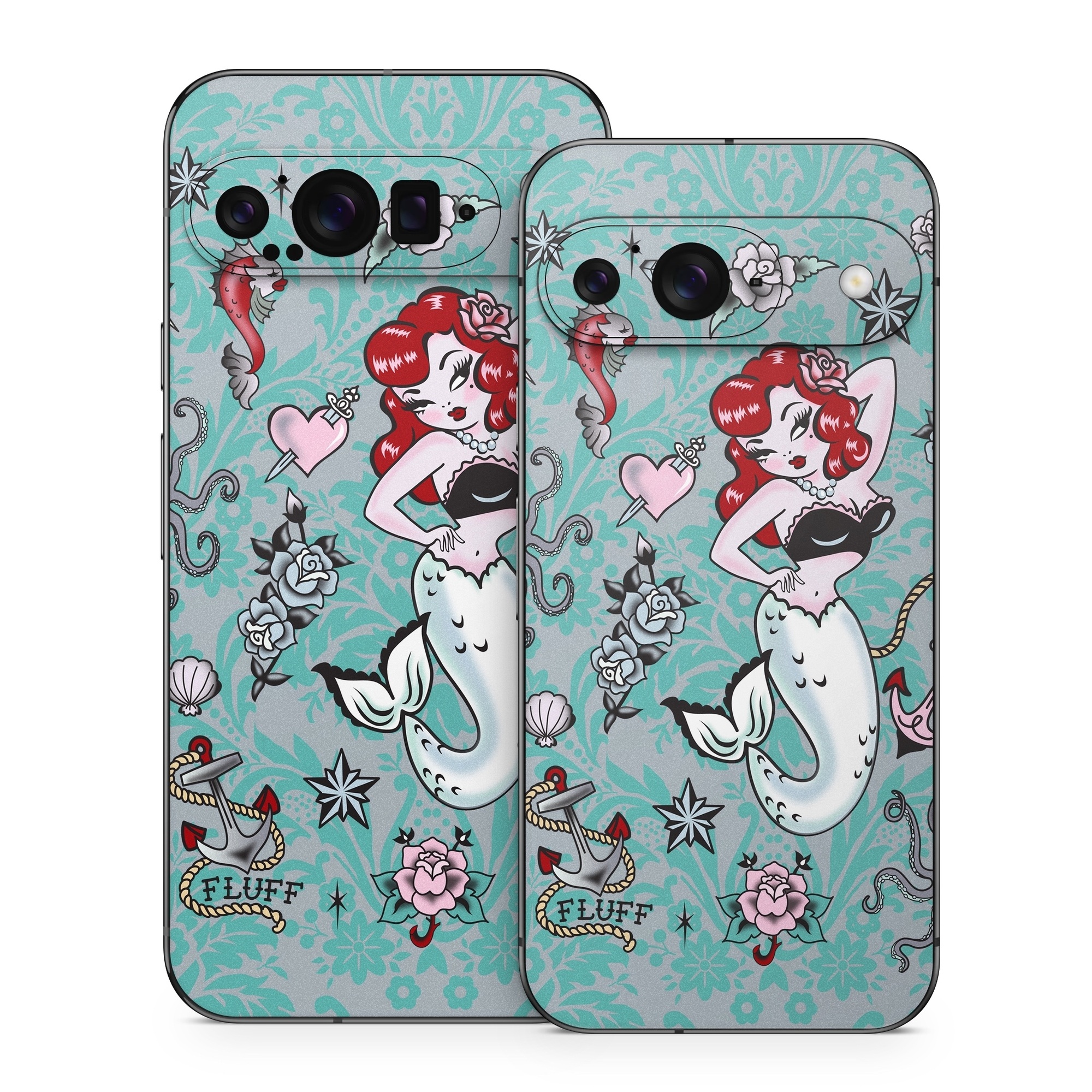 Google Pixel 9 Series Skin design of Mermaid, Illustration, Fictional character, Organism, Art, Pattern, Style, with gray, blue, black, red, white, pink colors