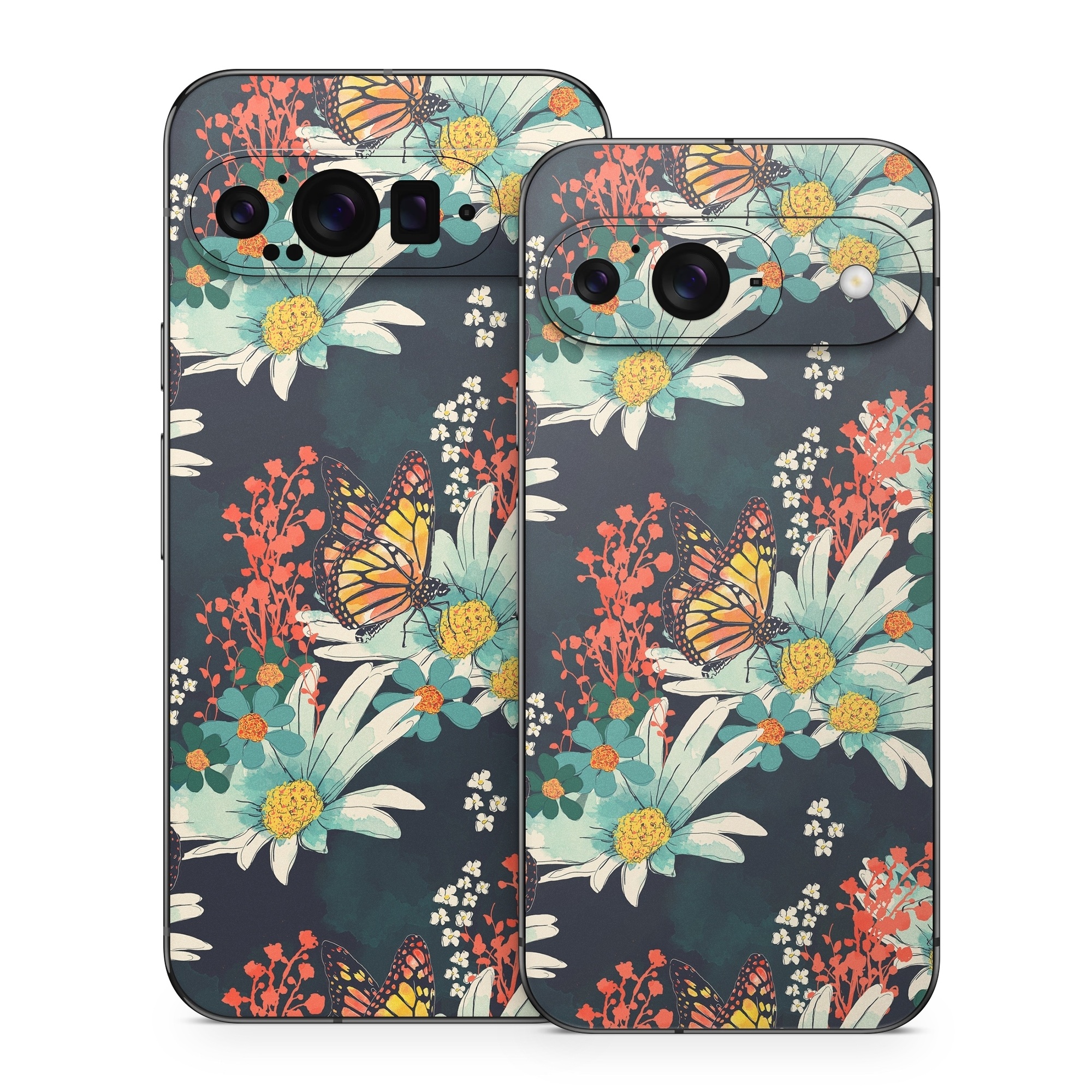 Google Pixel 9 Series Skin design of Floral design, Pattern, Flower, Floristry, Textile, Botany, Plant, Visual arts, Design, Flower Arranging, with black, gray, green, red, blue, pink colors