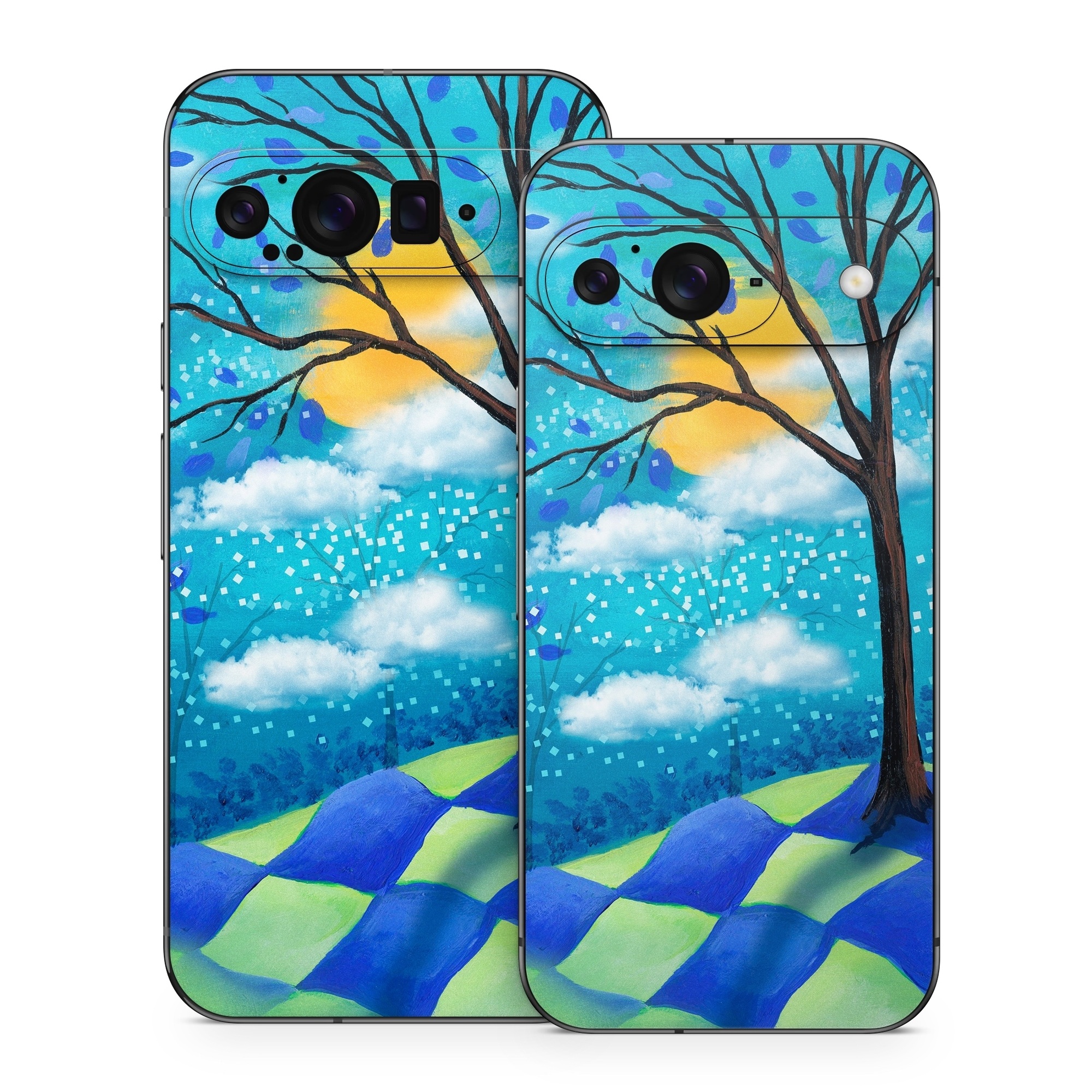 Google Pixel 9 Series Skin design of Natural landscape, Nature, Blue, Tree, Sky, Branch, Spring, Woody plant, Plant, Leaf, with blue, gray, black, purple, green colors