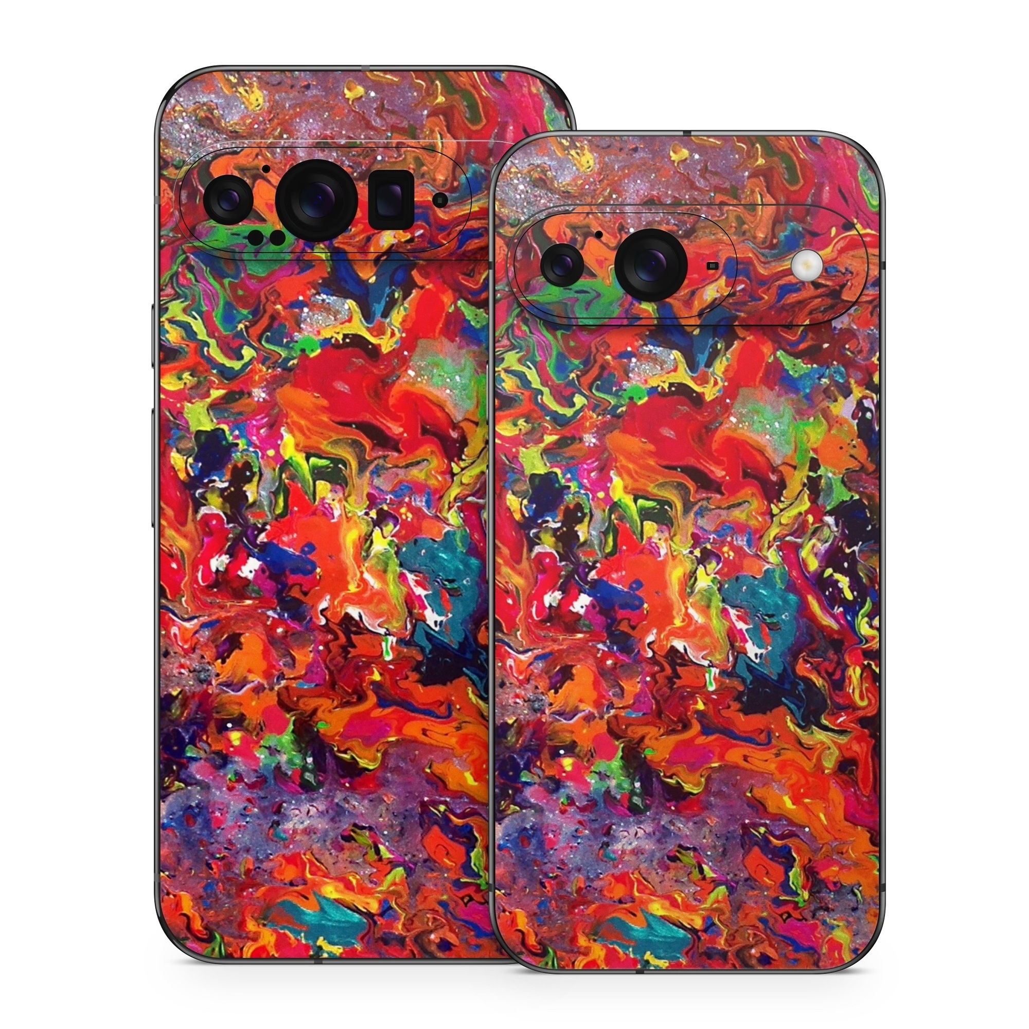 Google Pixel 9 Series Skin design of Colorfulness, Modern art, Acrylic paint, Painting, Visual arts, Art, Psychedelic art, Textile, Pattern, Paint, with red, yellow, green, orange, yellow colors