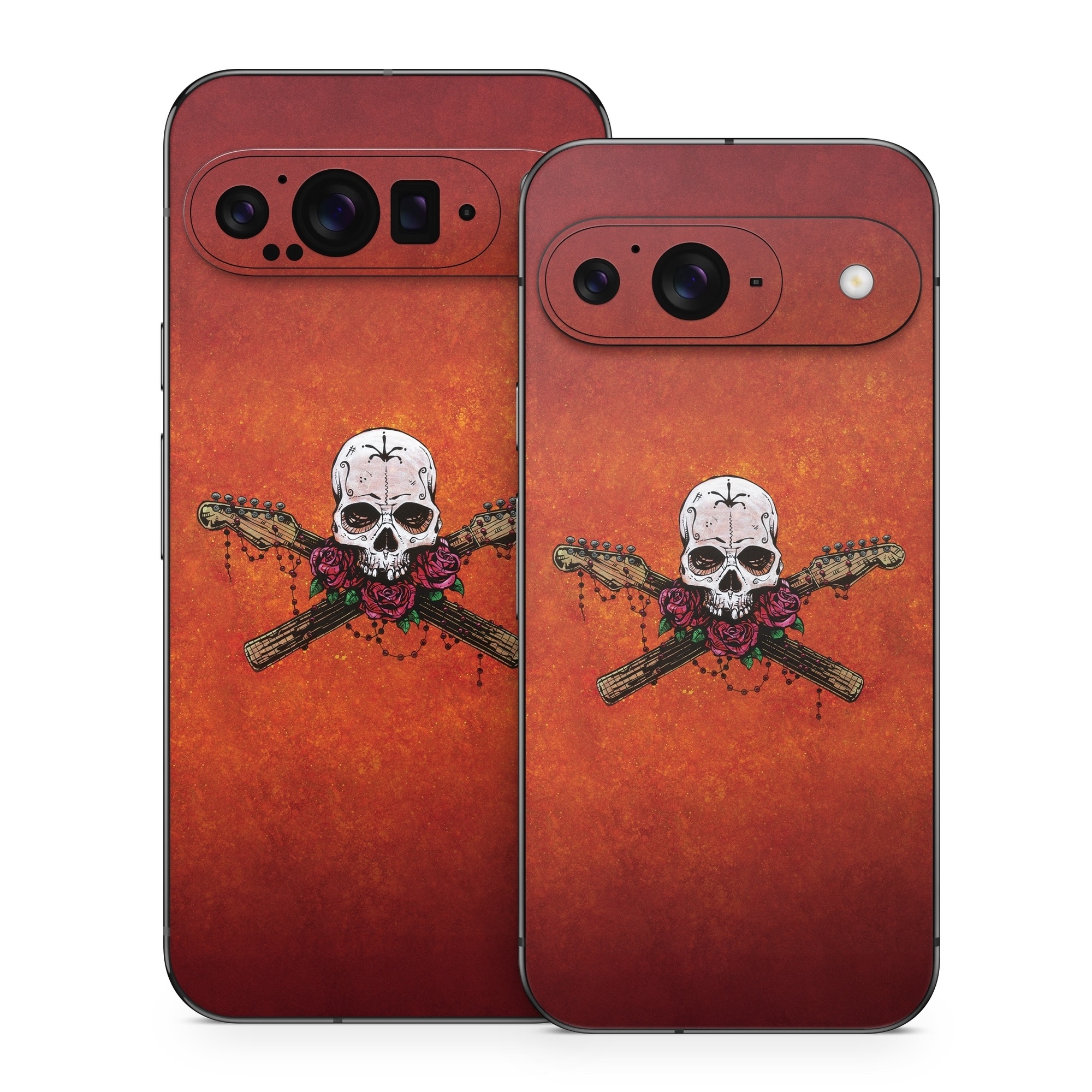 Google Pixel 9 Series Skin design of Sleeve, Orange, Skull, Font, Bone, Art, T-shirt, Symbol, Circle, Emblem, with black, white, gray, brown, red, green colors