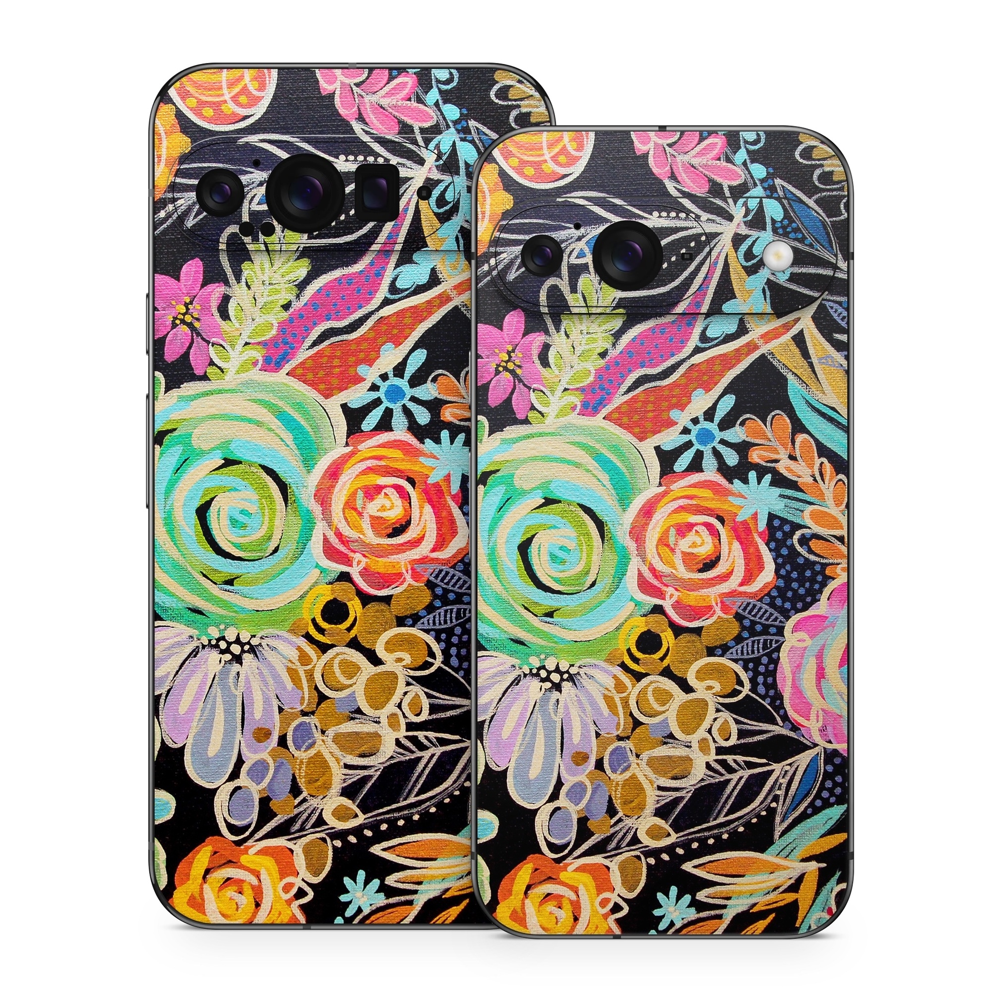 Google Pixel 9 Series Skin design of Pattern, Floral design, Design, Textile, Visual arts, Art, Graphic design, Psychedelic art, Plant, with black, gray, green, red, blue colors