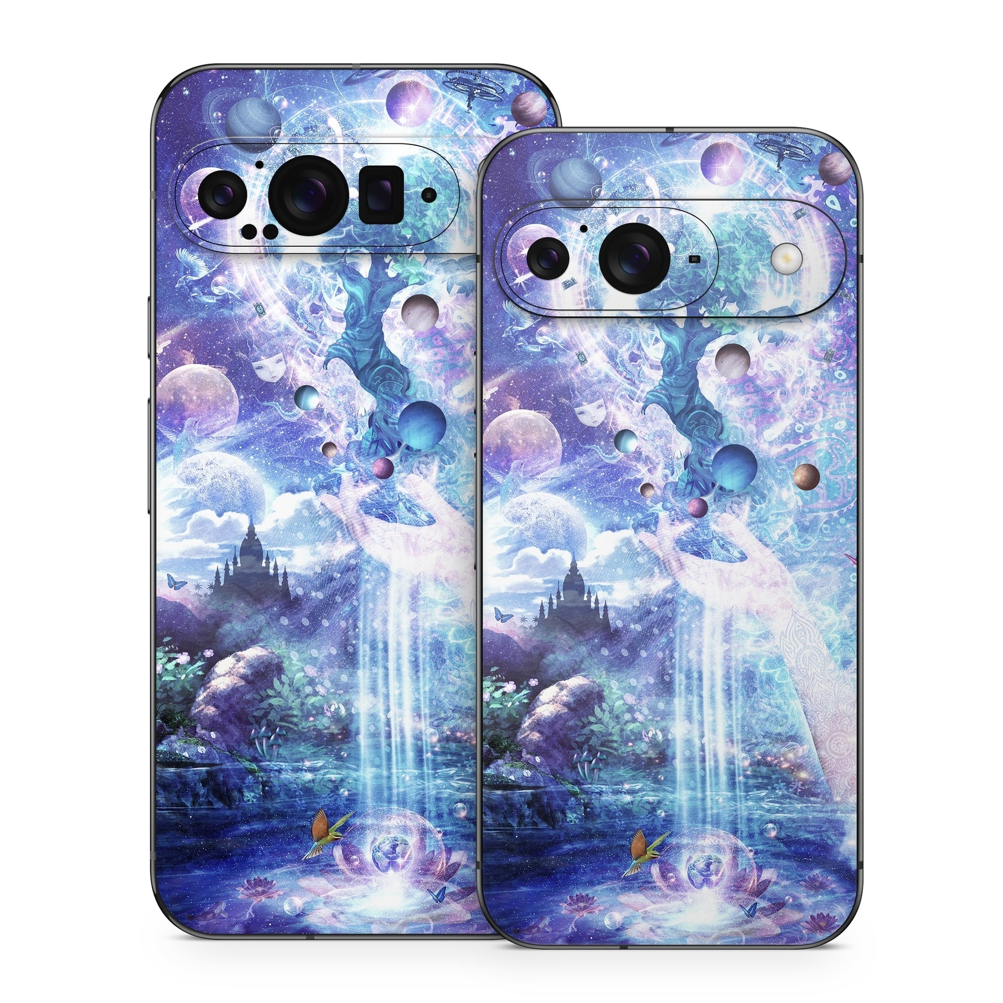 Google Pixel 9 Series Skin design of Bird, Butterfly, Planets, Deer, Space, Purple, World, Astronomical Object, Cg Artwork, Illustration, Universe, Painting, Fictional Character, Outer Space, Astronomy, Science, Water Feature, Graphic Design, Graphics, Star, Mythology, with blue, purple, white, black, gray, green colors